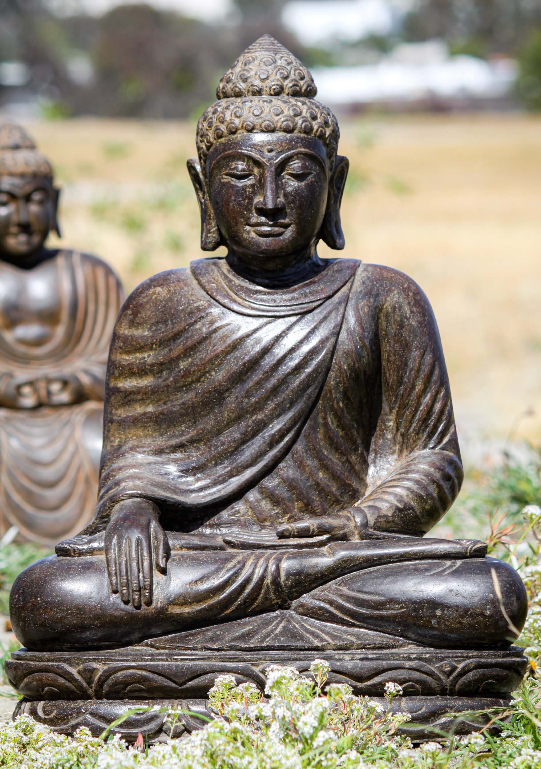 Stone Earth Touching Garden Buddha Seated in Padmasana in Full Winter Robes Statue 24"