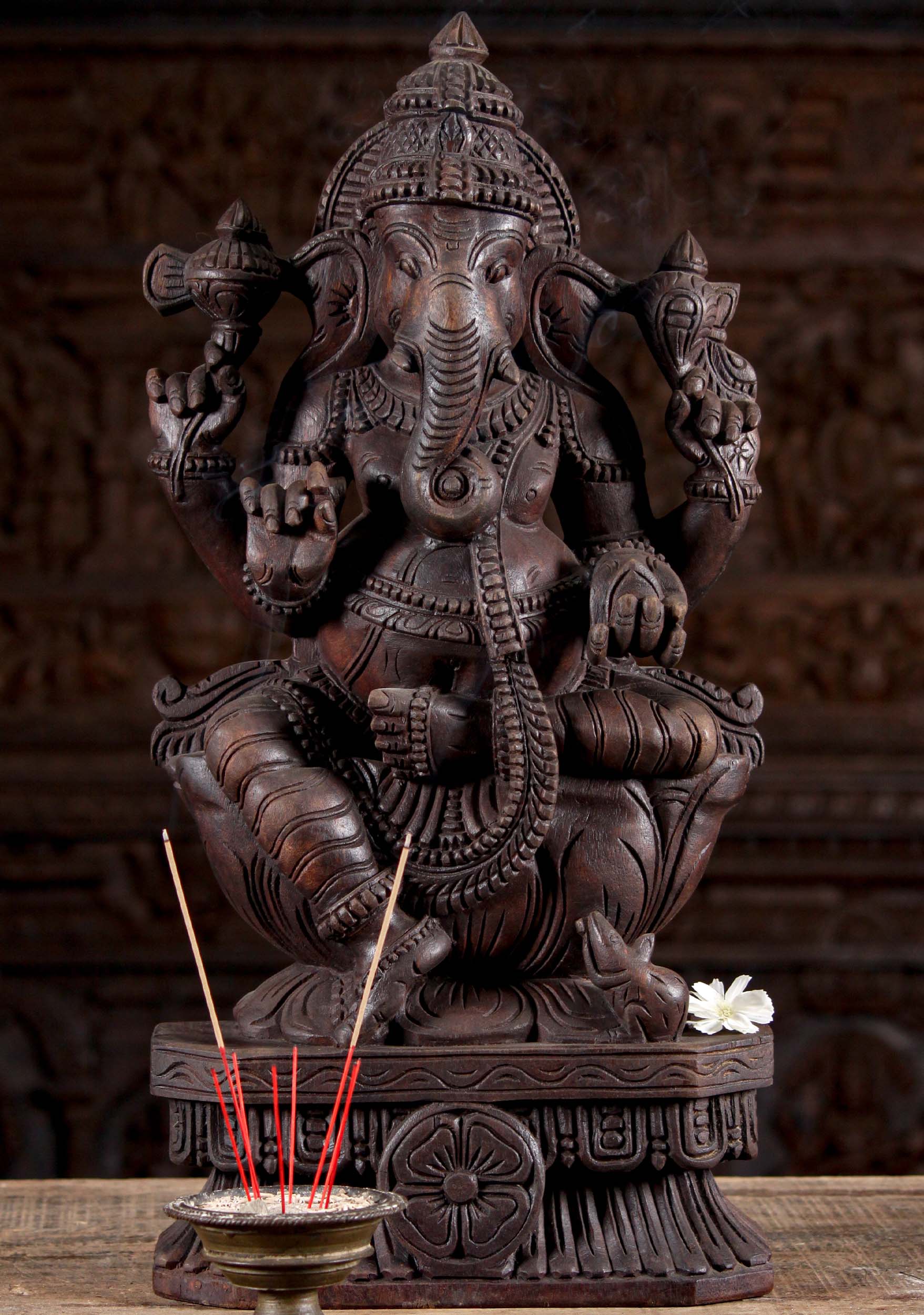 Dark Neem Wood Hand Carved Seated Ganesha Statue on Lotus Base with Rat 24"