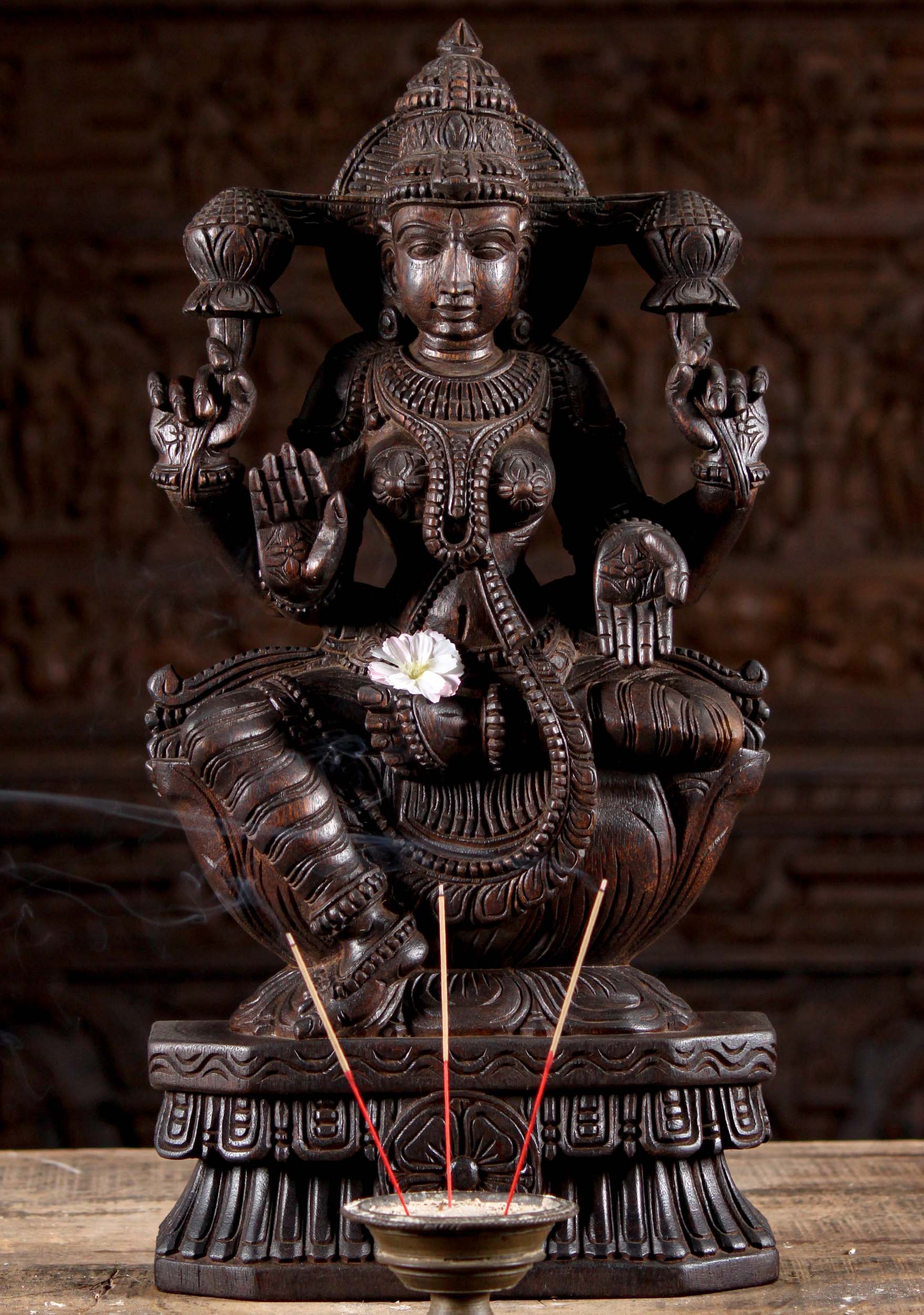 Wood Seated Lakshmi Sculpture 24"