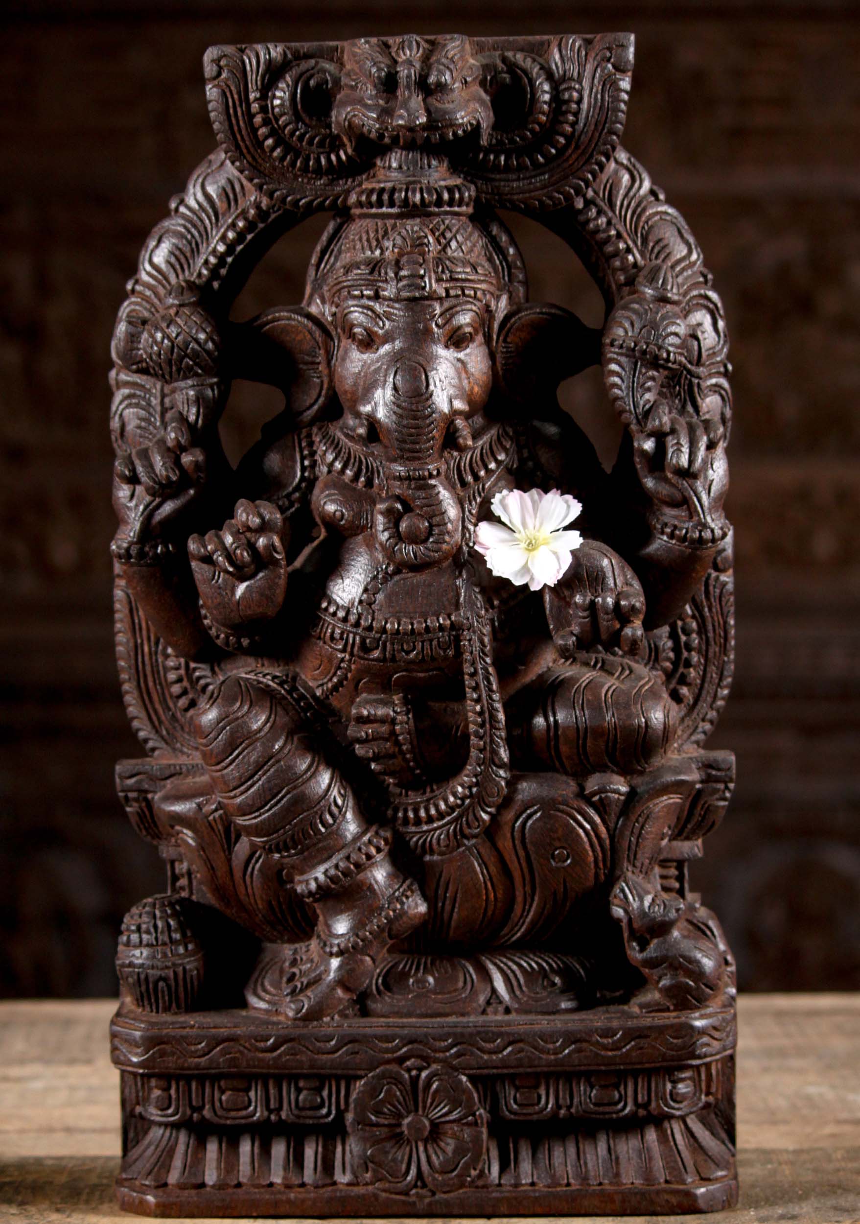 Wood Seated Ganesh Under Arch Carving 18"