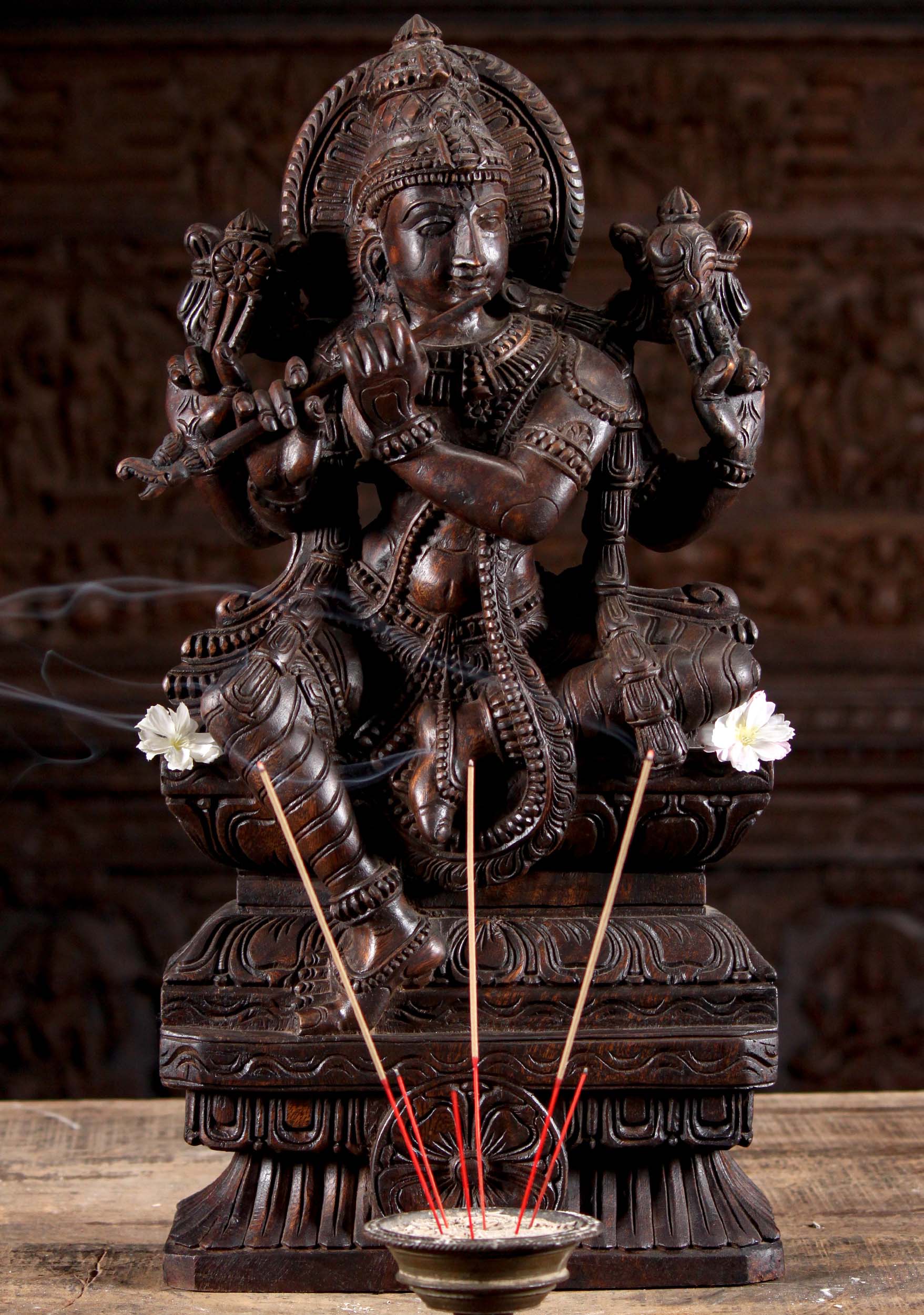 Wooden Krishna Playing the Flute 24"