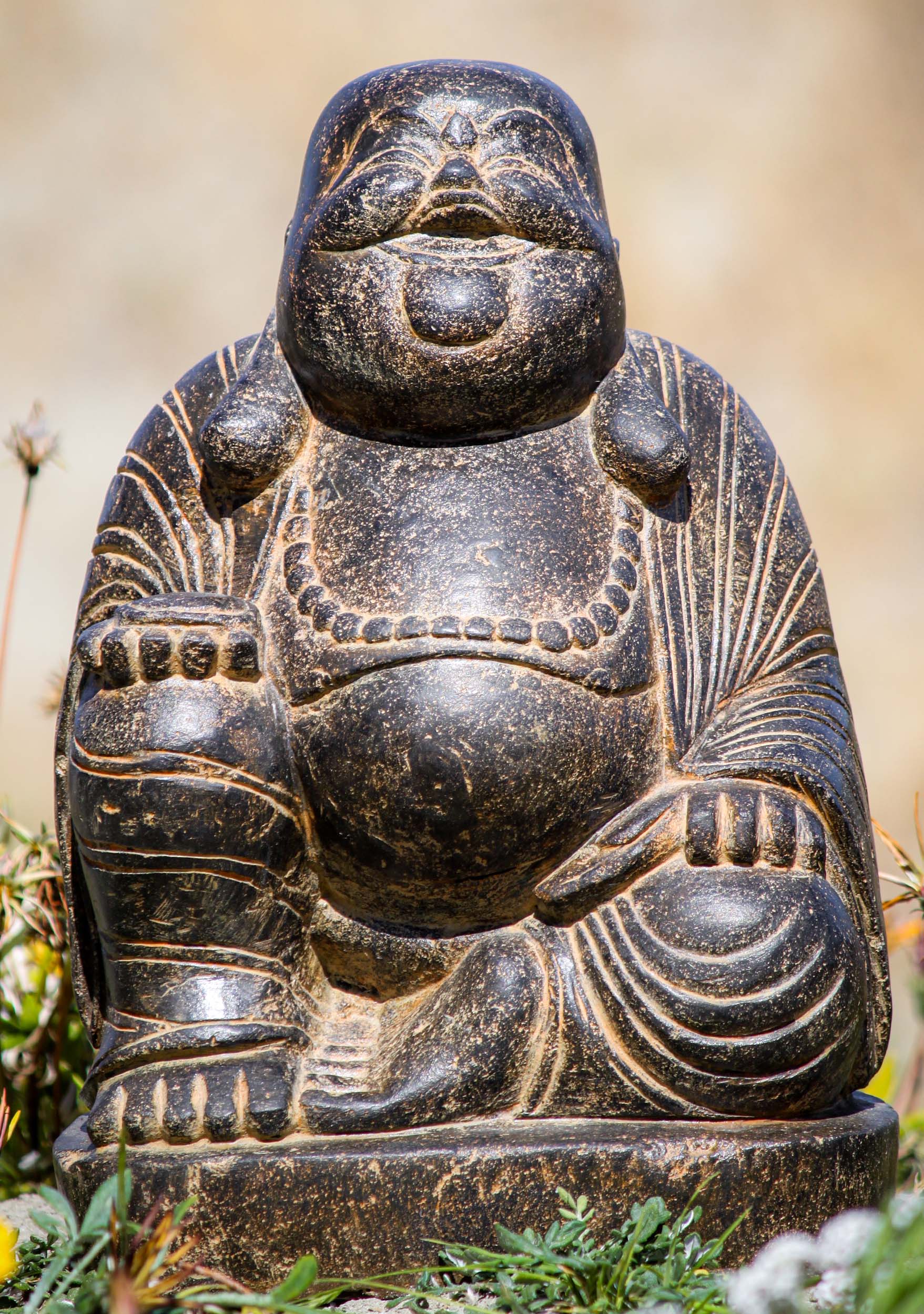 Lava Stone Fat & Happy Laughing Garden Buddha of Wealth Sculpture Perfect for Outdoors 15.5