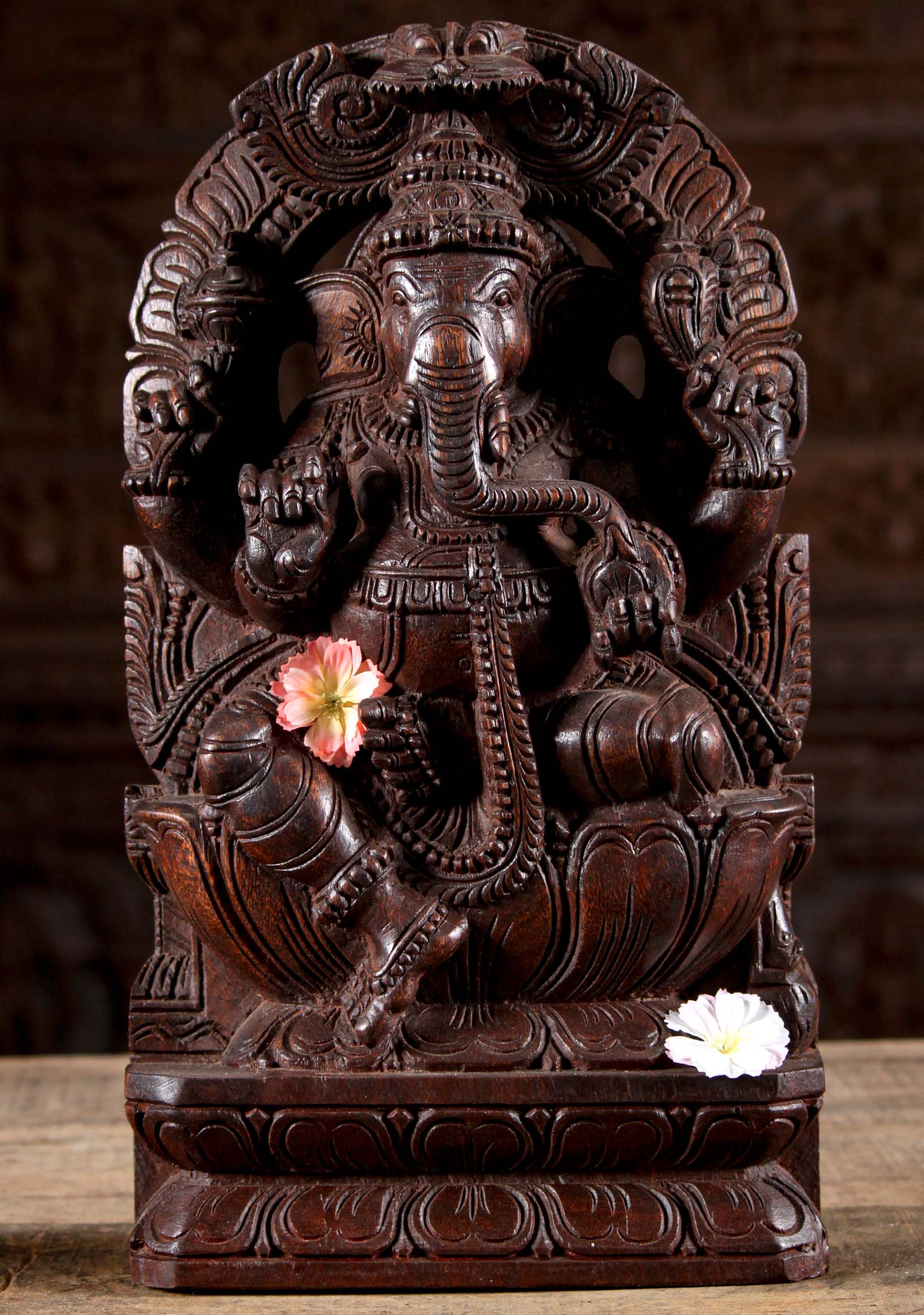 Wooden Ganesh Seated  Under Arch Statue 18"