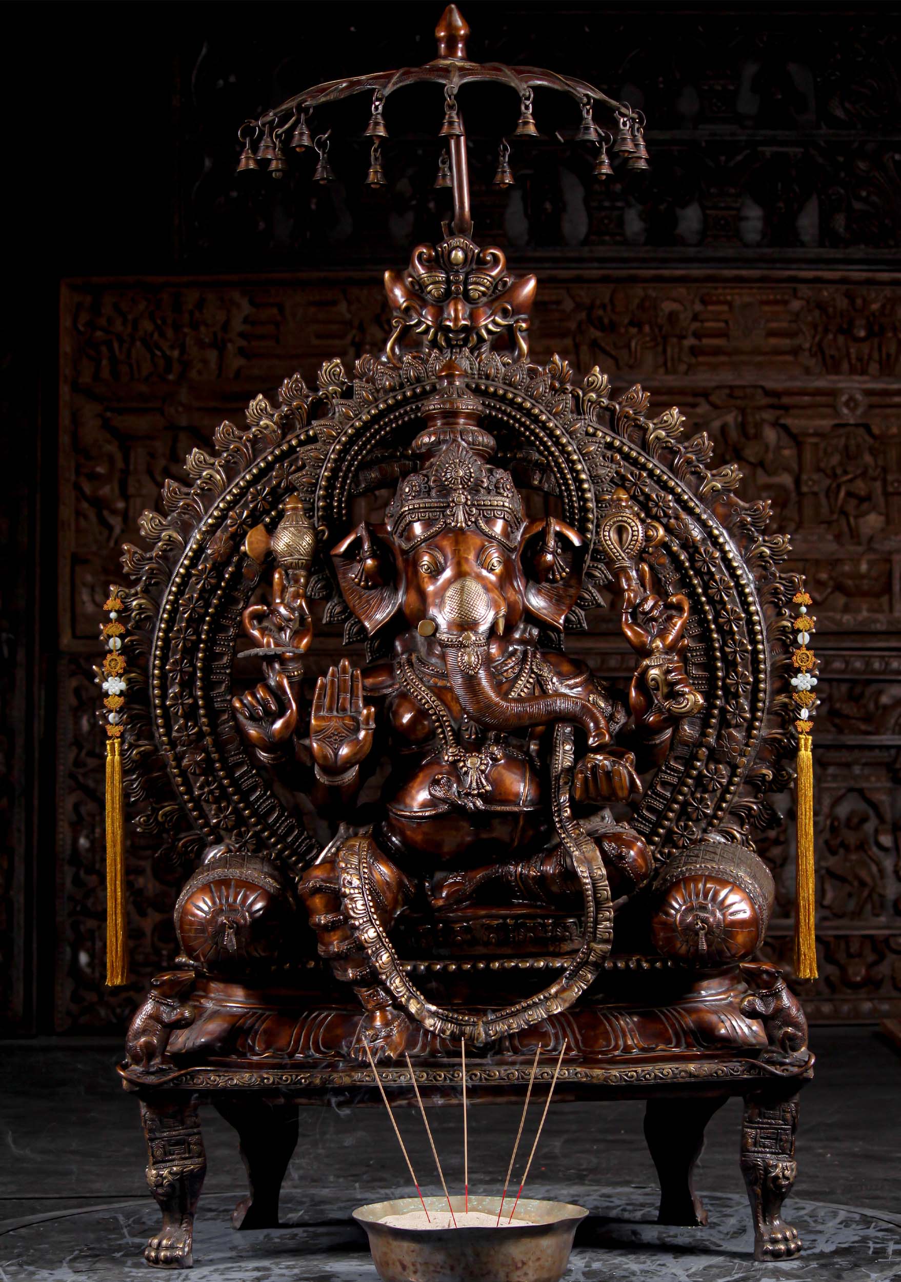 Ganesha Large Brass Statue on Raised Dias with 2 Rats, Pillows, Arch Beneath Umbrella 67"