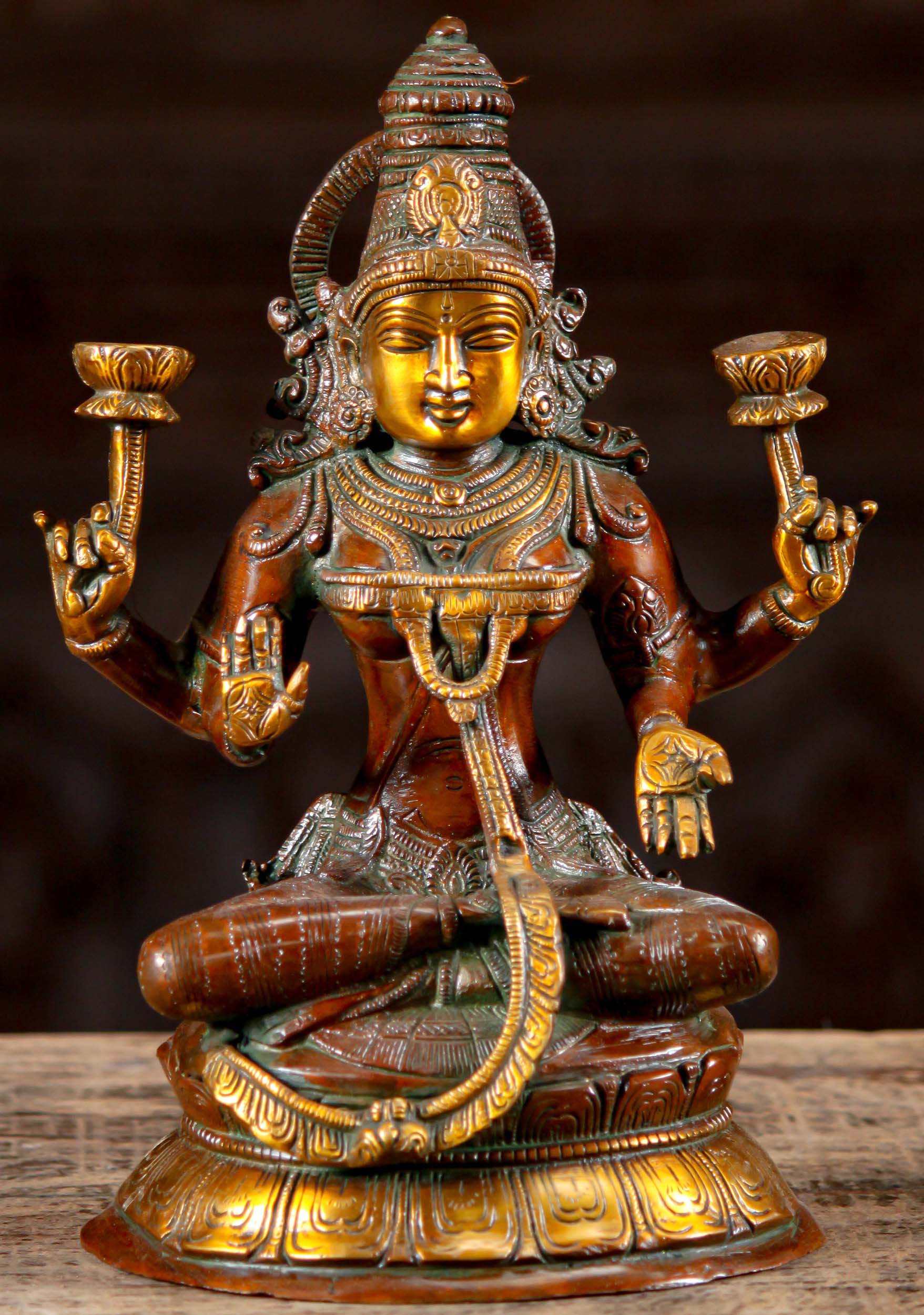 Lakshmi Brass Seated Statue Holding 2 Lotus Flowers Symbols of Prosperity & Beauty 11"