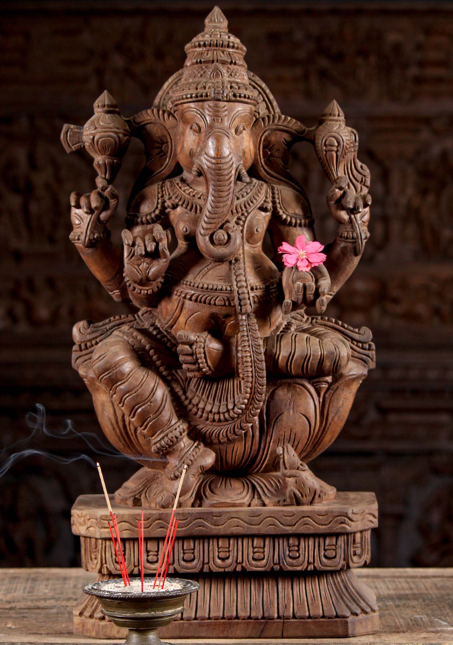 Wooden Ganesh Seated on Lotus Base Statue 24"