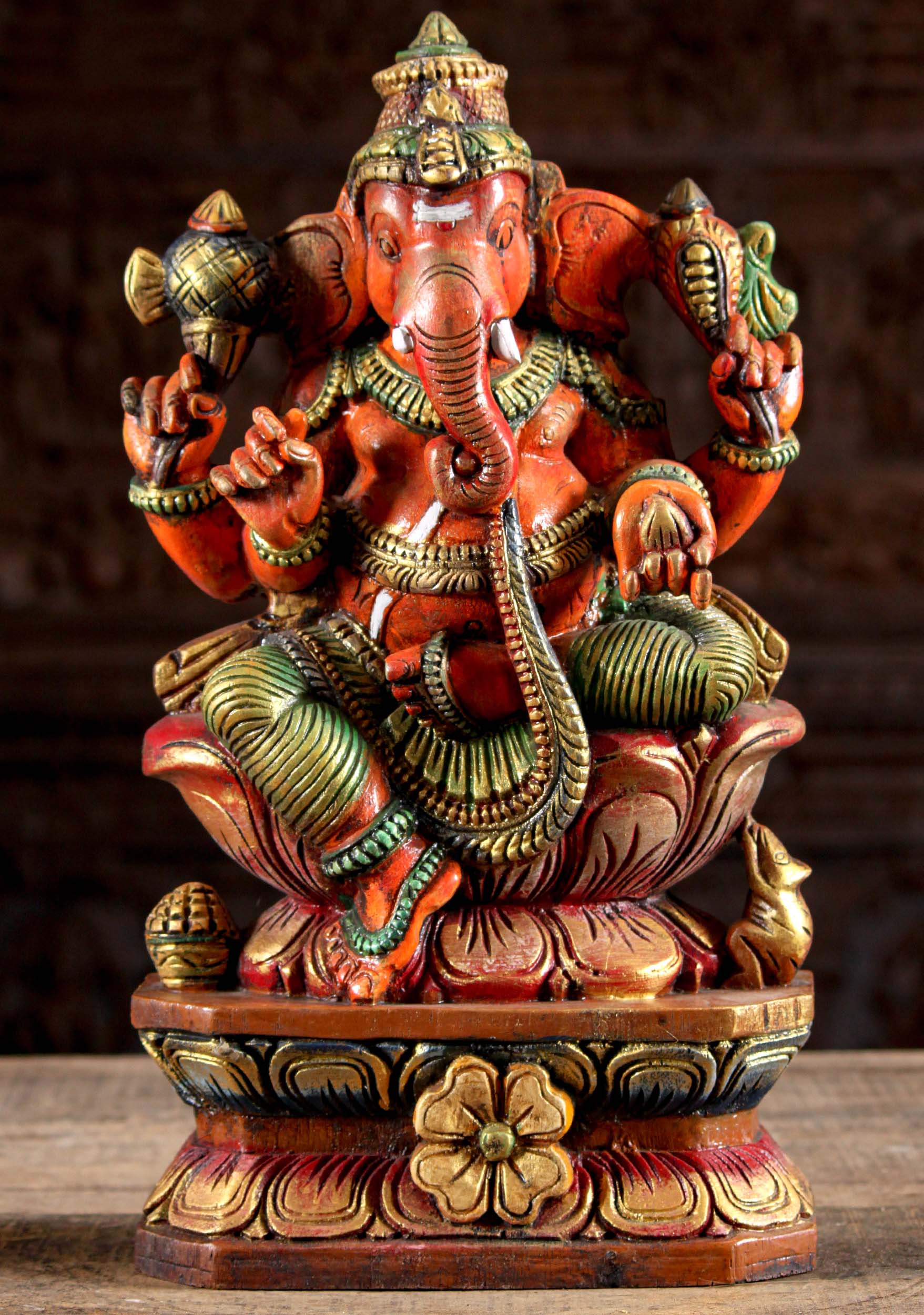 Wood Painted Ganesha Statue on Lotus 18"