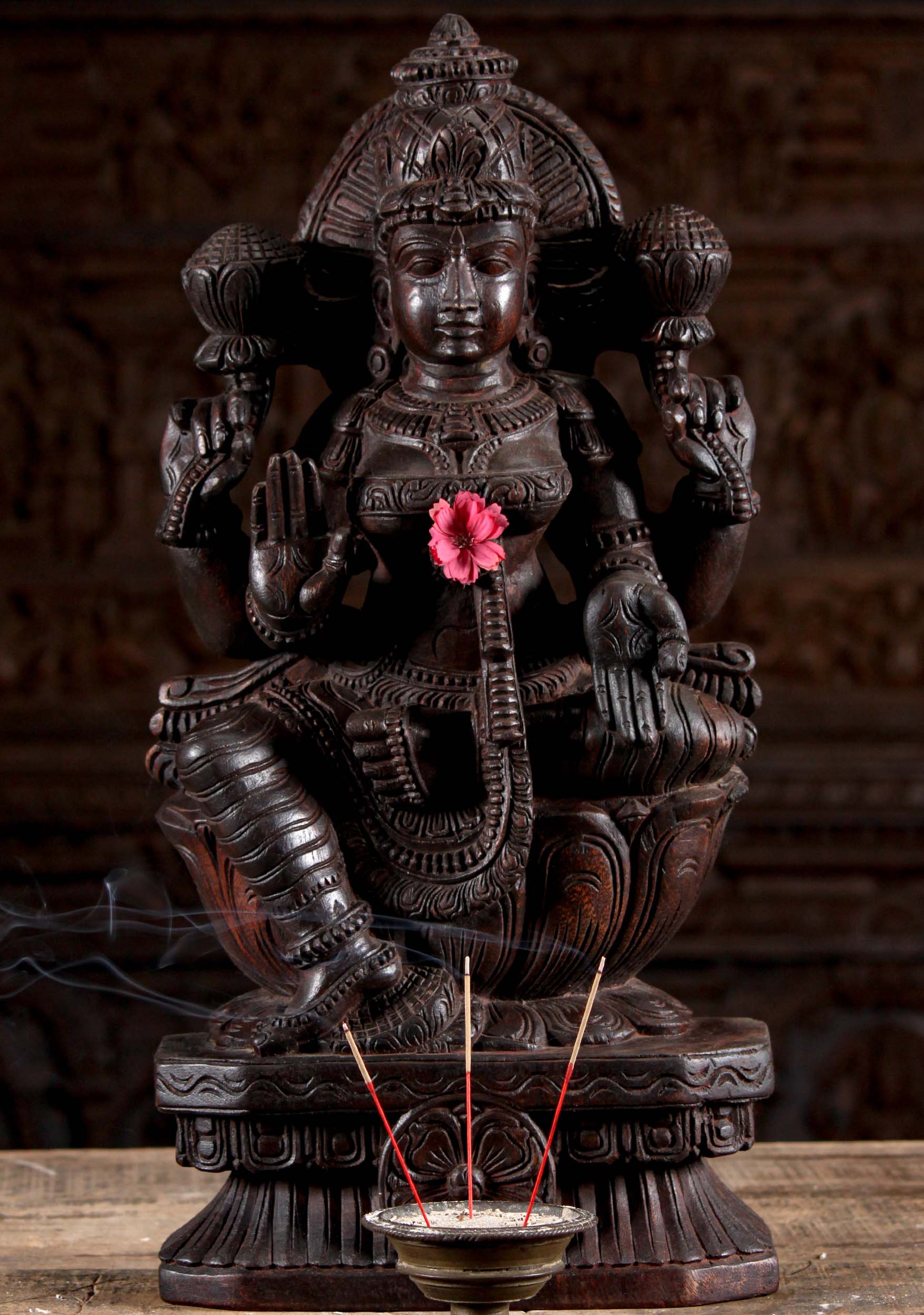 Wood Seated Lakshmi Sculpture 24"