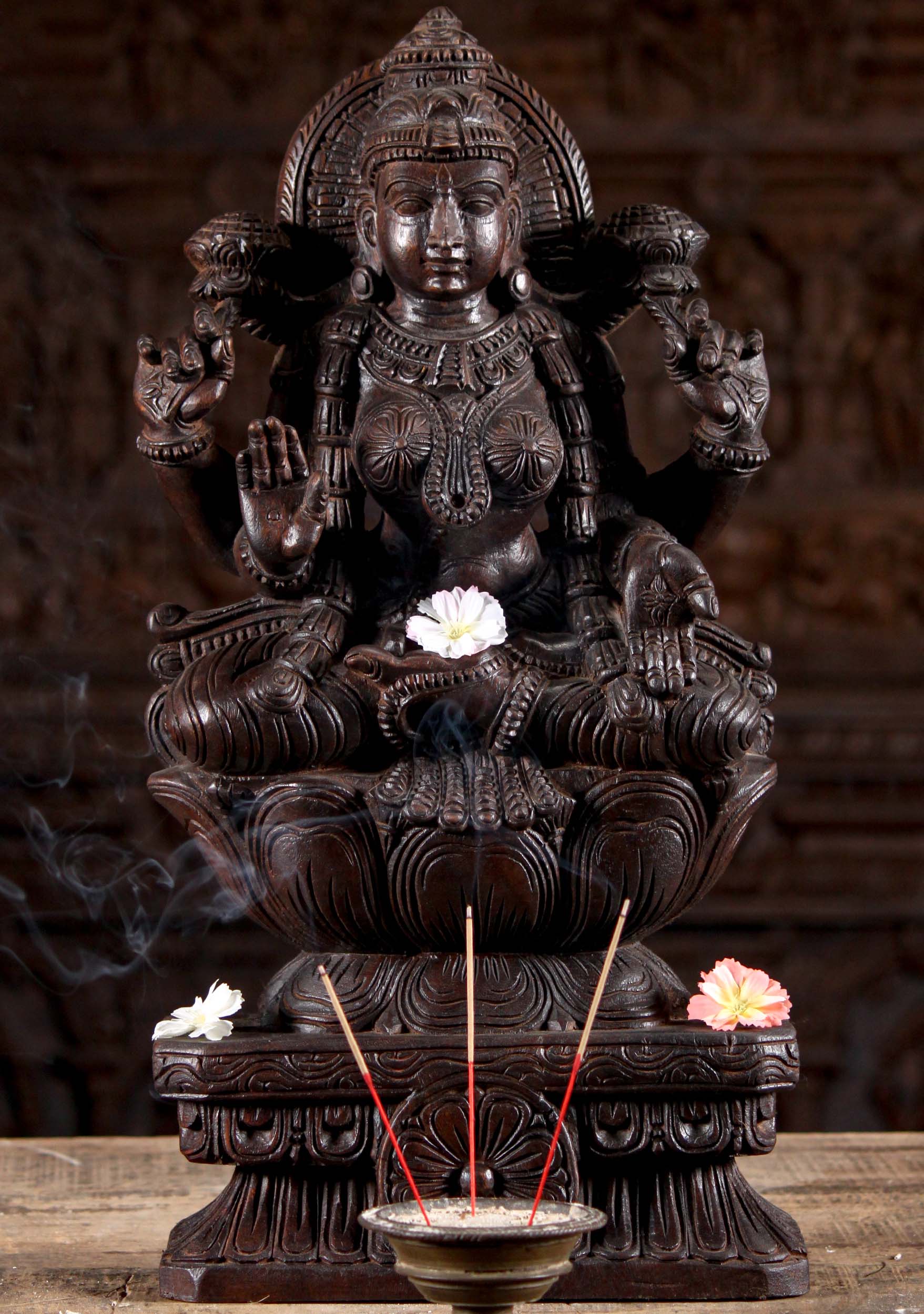 Wood Lakshmi Statue Seated in Padmasana 24"