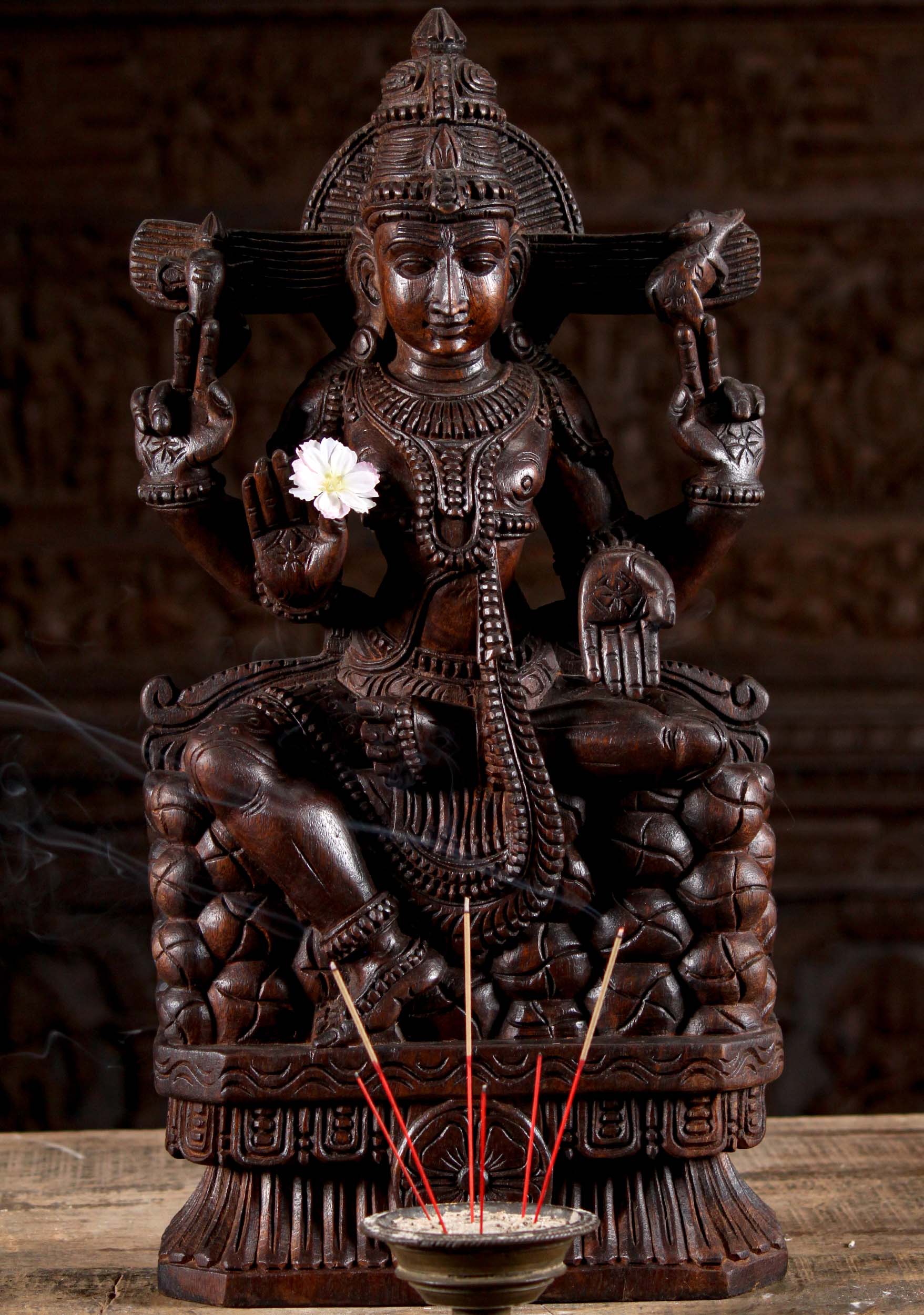 Wooden Shiva Seated on Mount Kailash in Abhaya Mudra with Deer & Axe Sculpture 24"