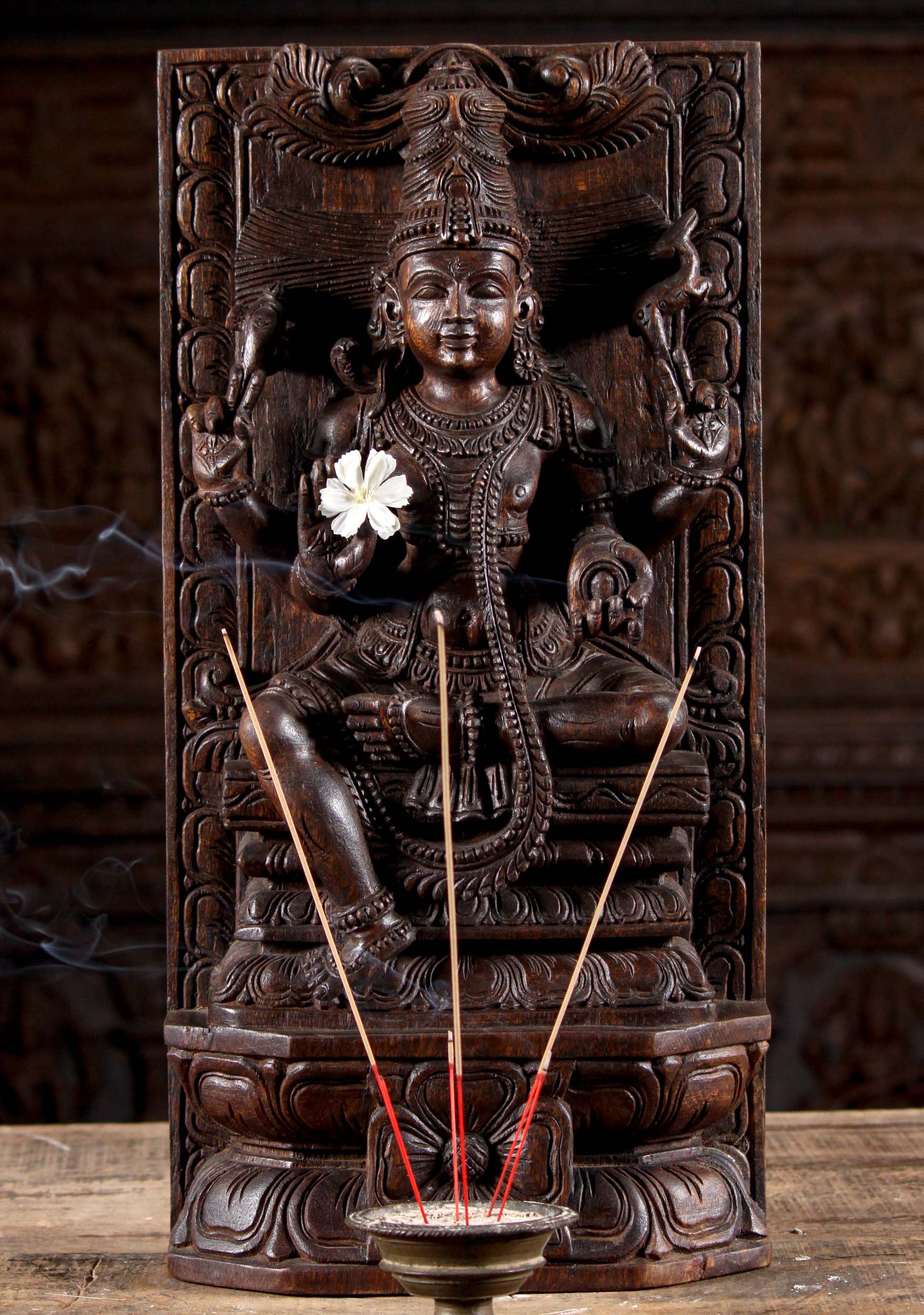 Neem Wood Hand Carved Abhaya Mudra Shiva Holding Mango & Deer Panel Statue One of a Kind 24"