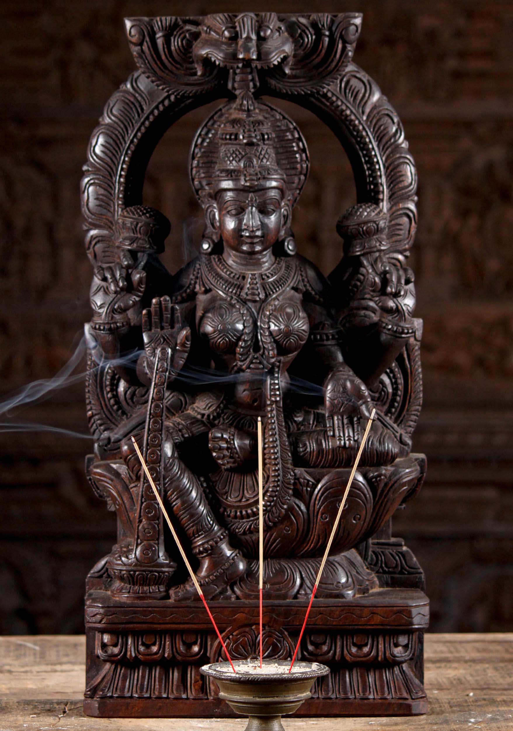 Dark Wooden Seated Lakshmi Statue Under Mahakala Arch Granting Boons to Devotees 24"