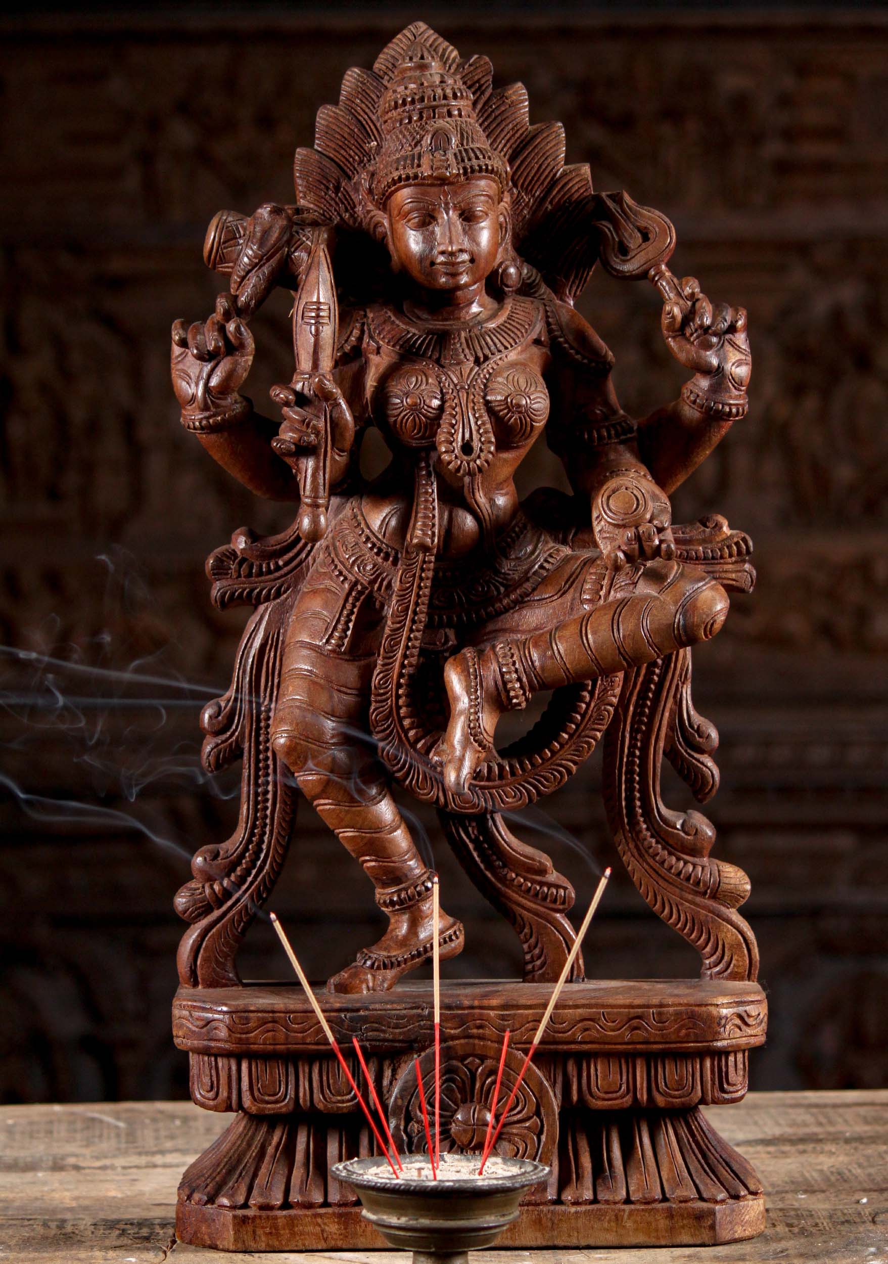 Wood Dancing Shakti Mariamman Mother Goddess Sculpture with Trident, Drum, & Cobra 24"