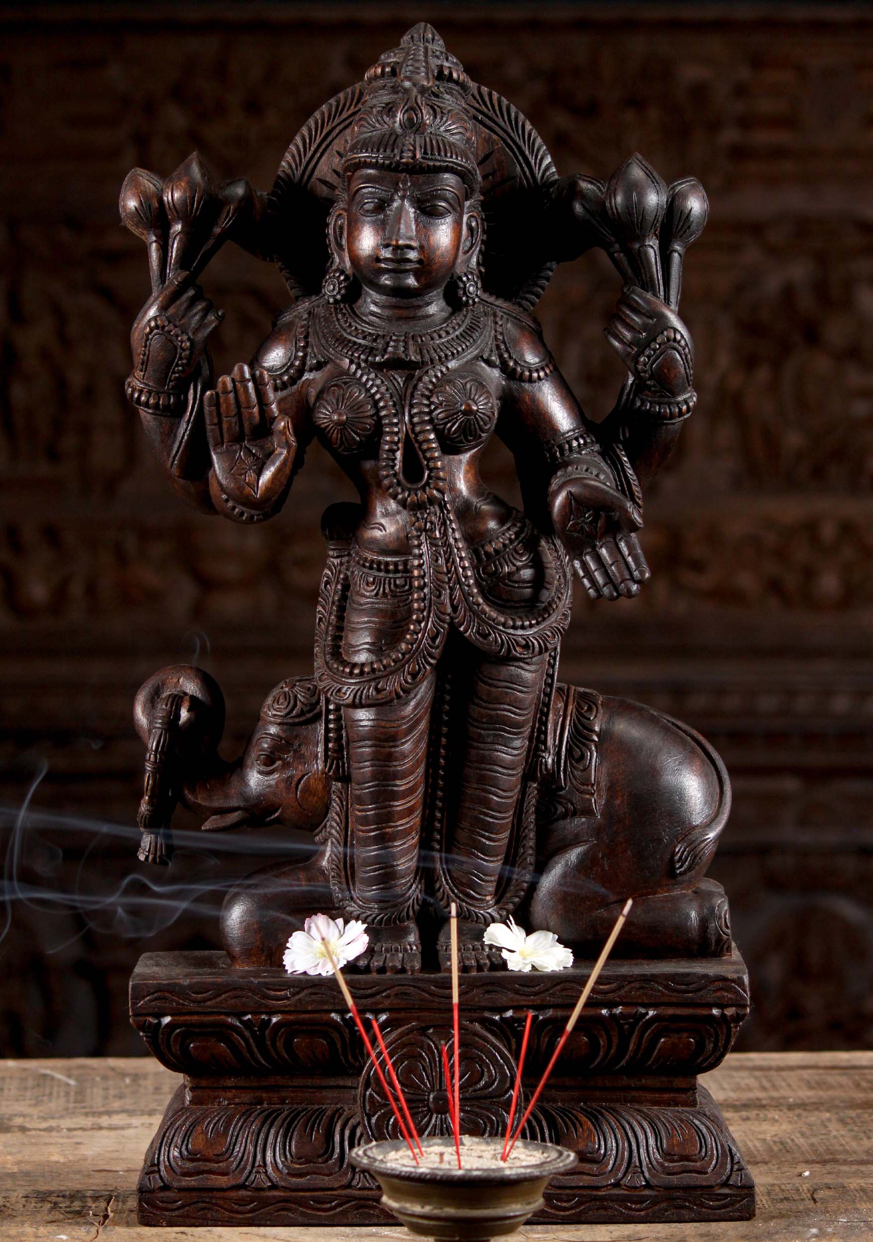 Wooden Gaja Lakshmi Sculpture Known as Gaja Lakshmi, Holding 6 Lotus Flowers 24"