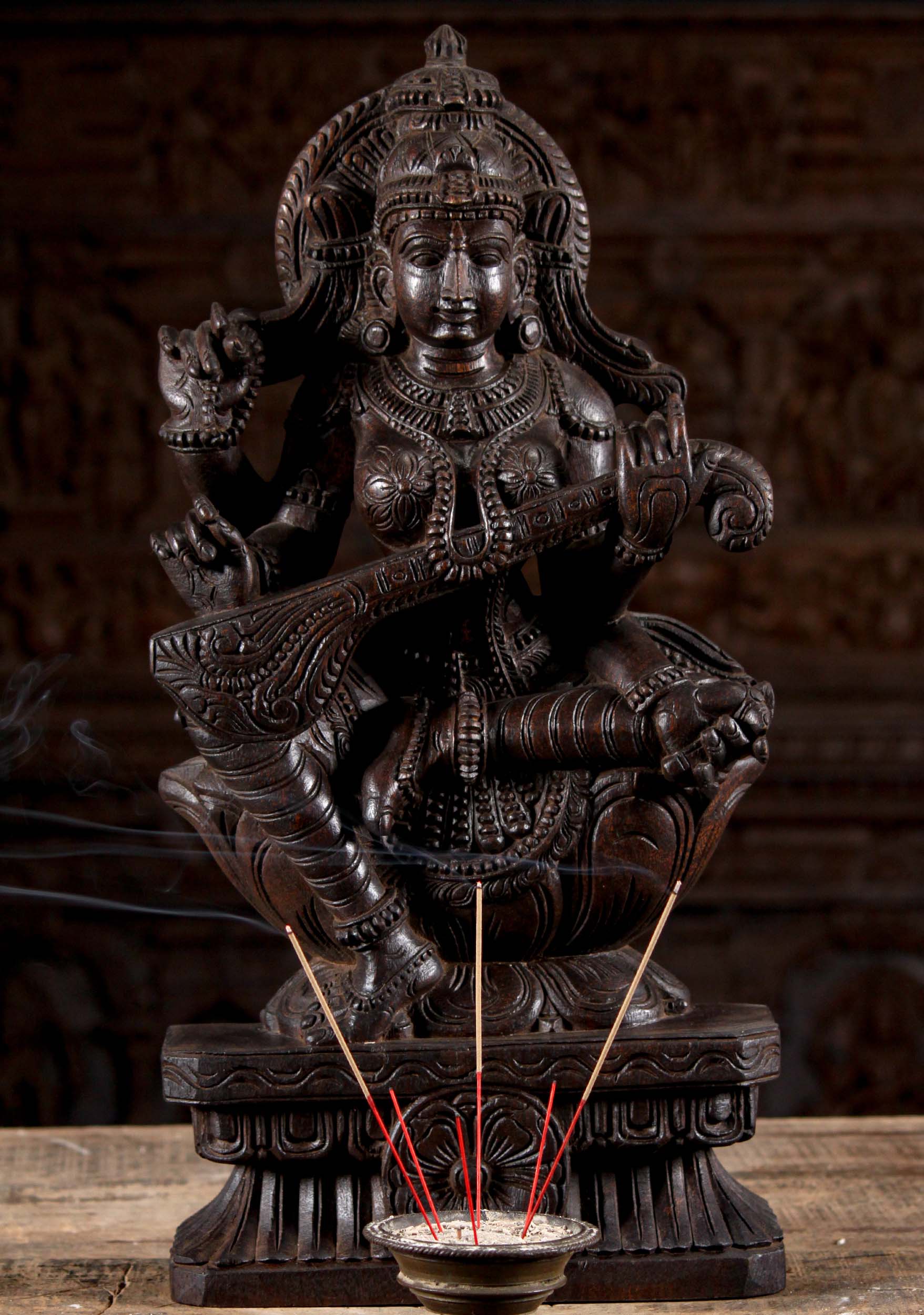 Wooden Saraswati Playing Veena Statue Hand Carved in Neem Wood in South India 24"