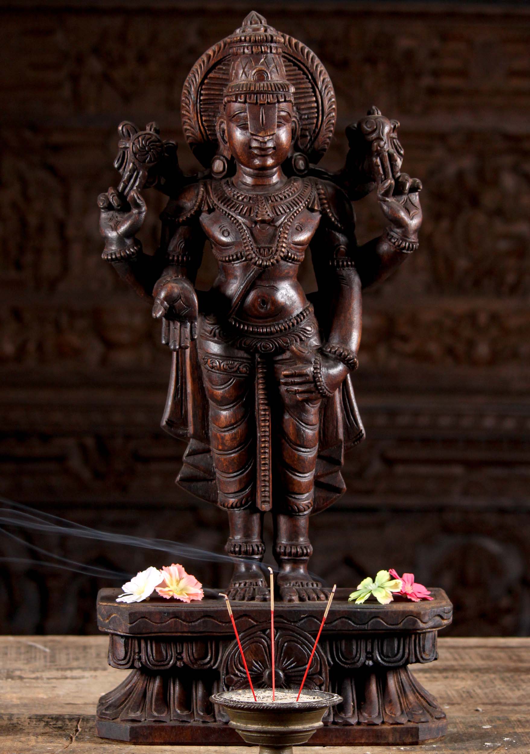 Wooden Standing Vishnu Sculpture in Boon Graniting Varada Mudra with Conch & Discus 24"