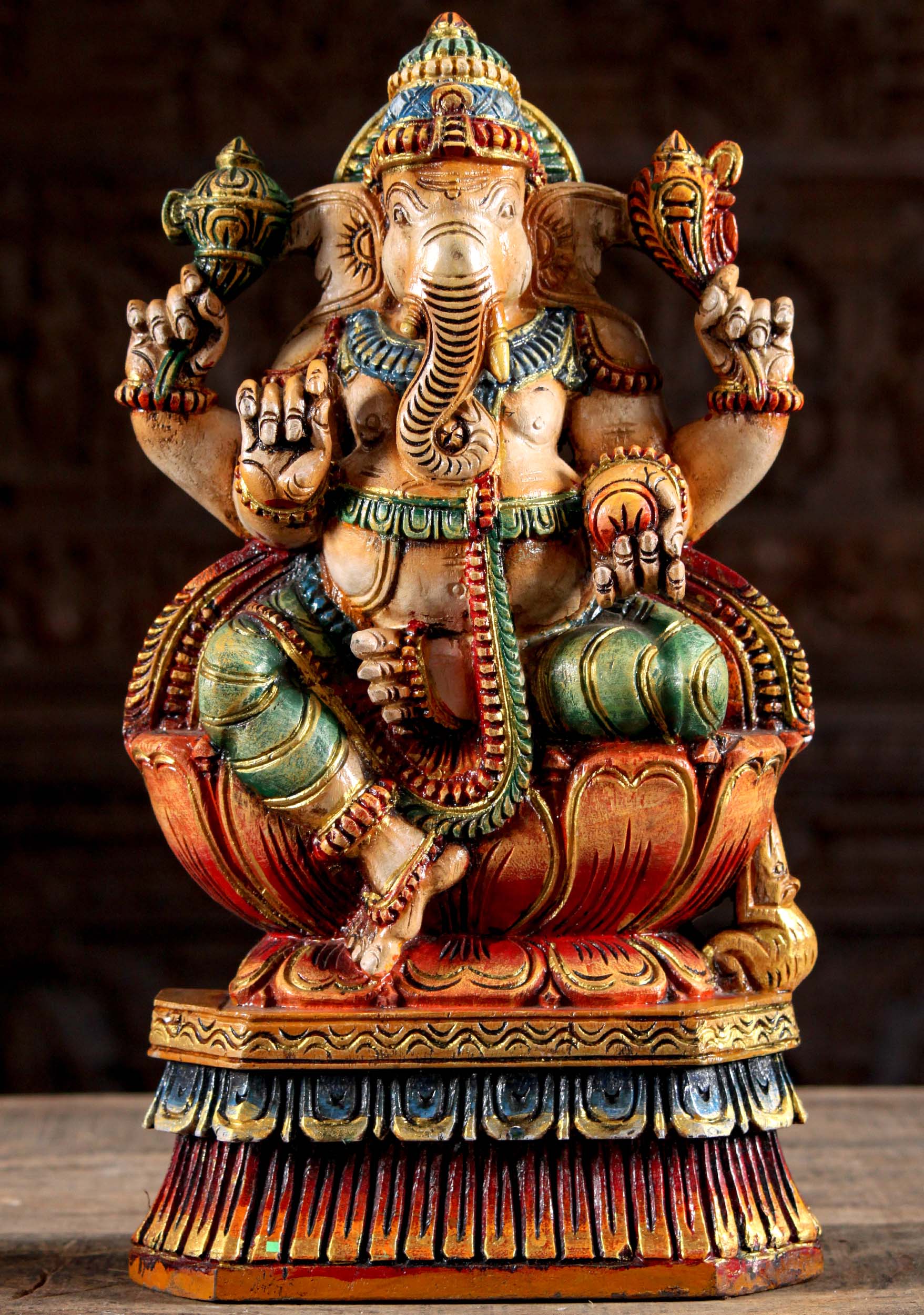 Wooden Painted Ganesha Sculpture with Rat 18"