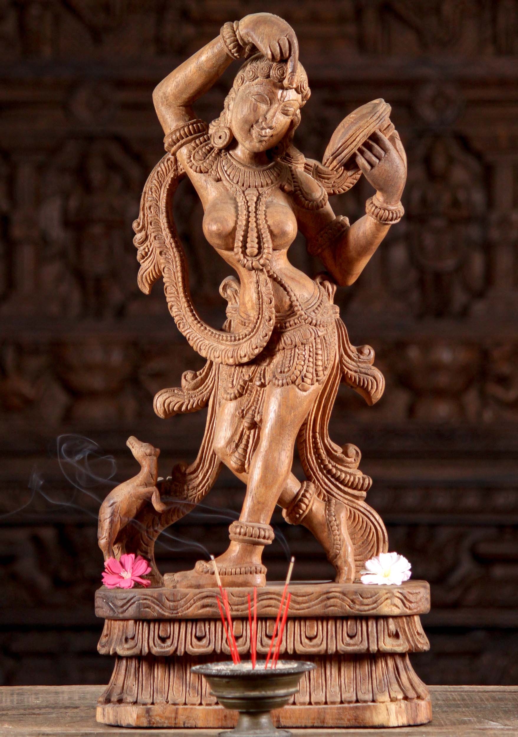 Wood Dancing Devi Statue Holding Mirror 24"