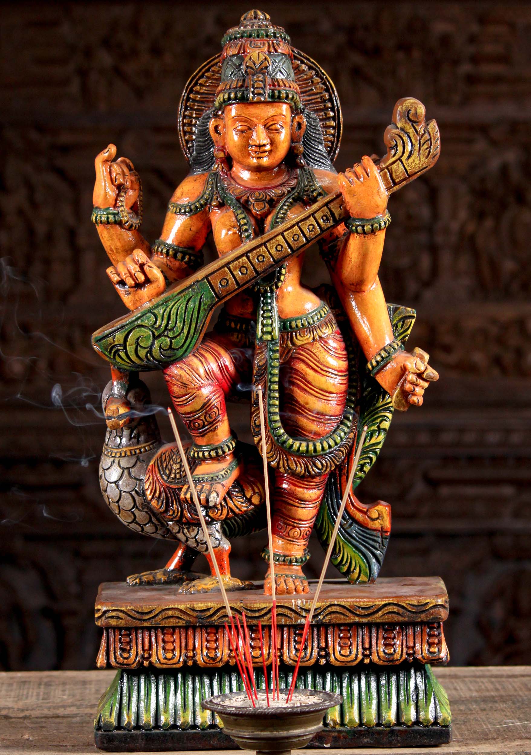 Wood Saraswati with Veena & Swan Statue 24"