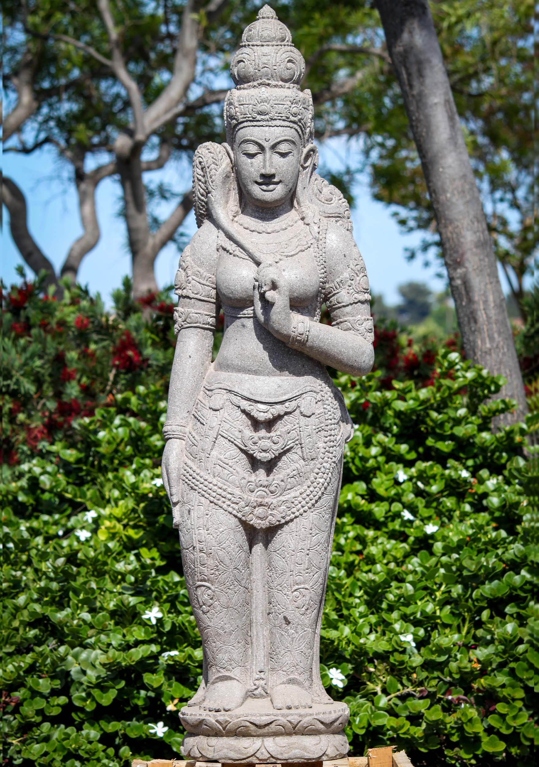 Stone Devi Tara Holding Fly Whisk Garden Statue Hand Carved from 1 Block of Stone in Java 52"