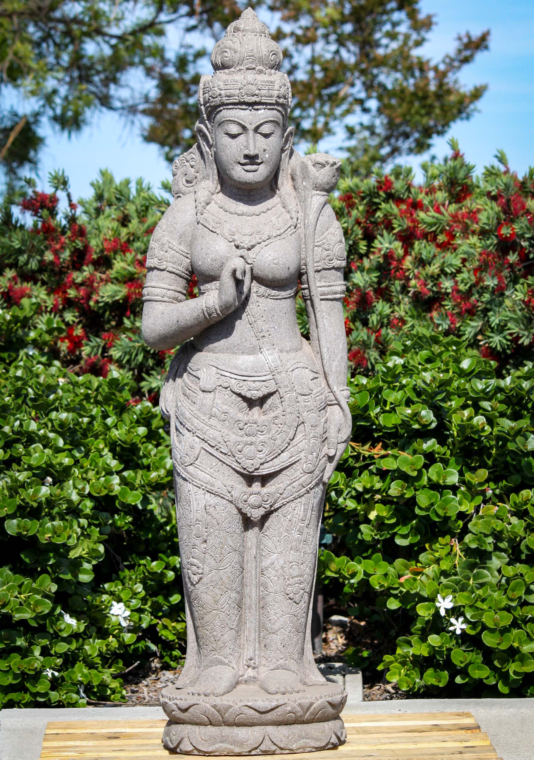 Stone Standing Devi Tara Holding Flower Statue Hand Carved from 1 Block of Lava Stone 52"