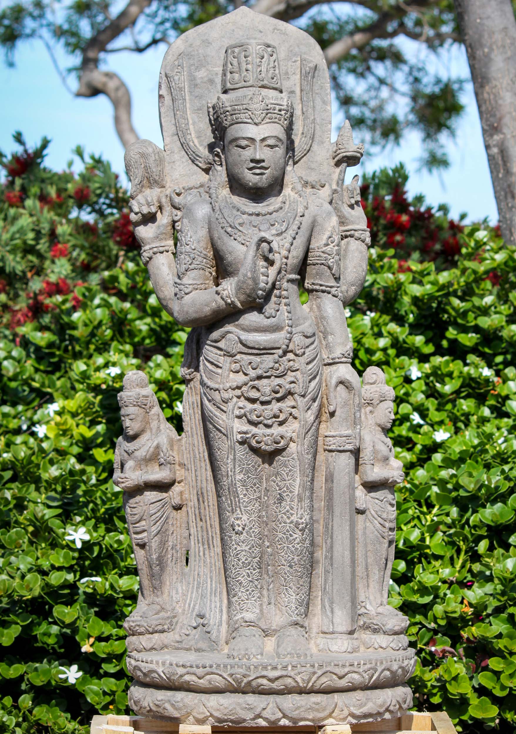 Antique Stone Vishnu with Bhodevi & Sridevi Statue Hand Carved in Indonesia 40"