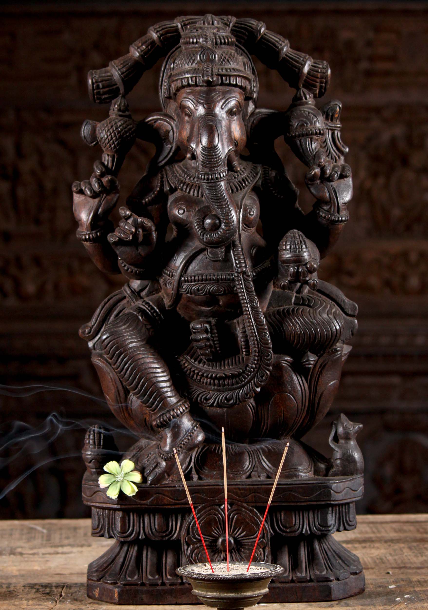 Wooden Seated Ganesha Statue 24"