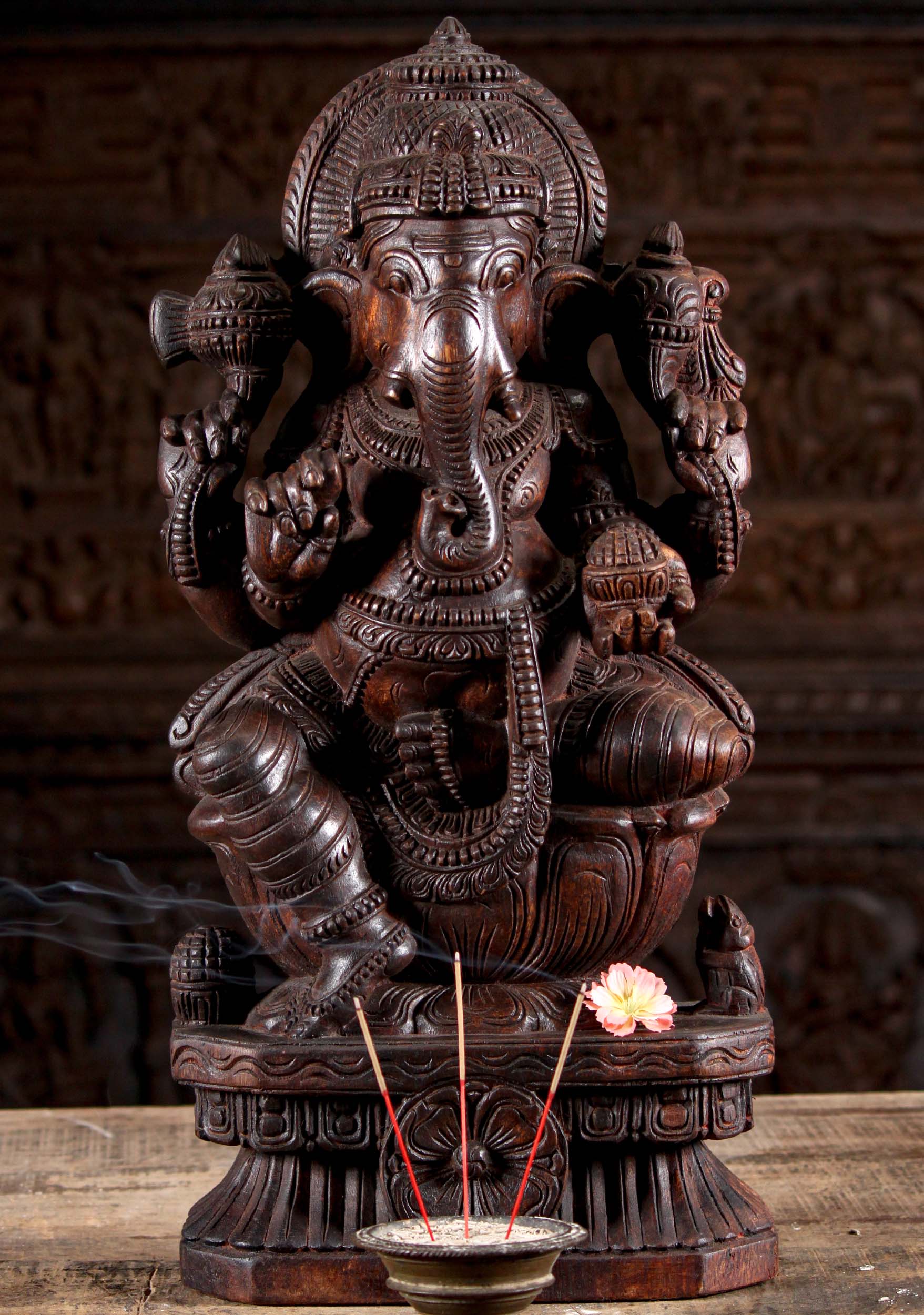 Wood Ganesha Statue on Lotus Base 24"