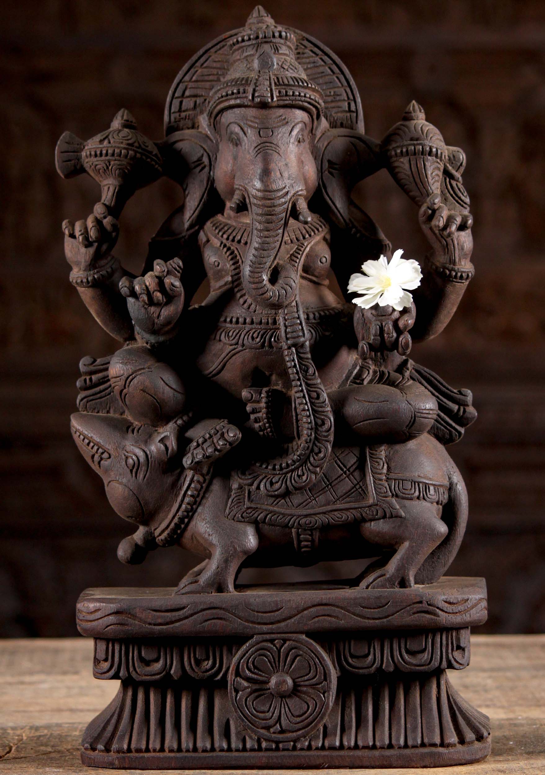 Wooden Ganesh Statue Seated on Rat 18"