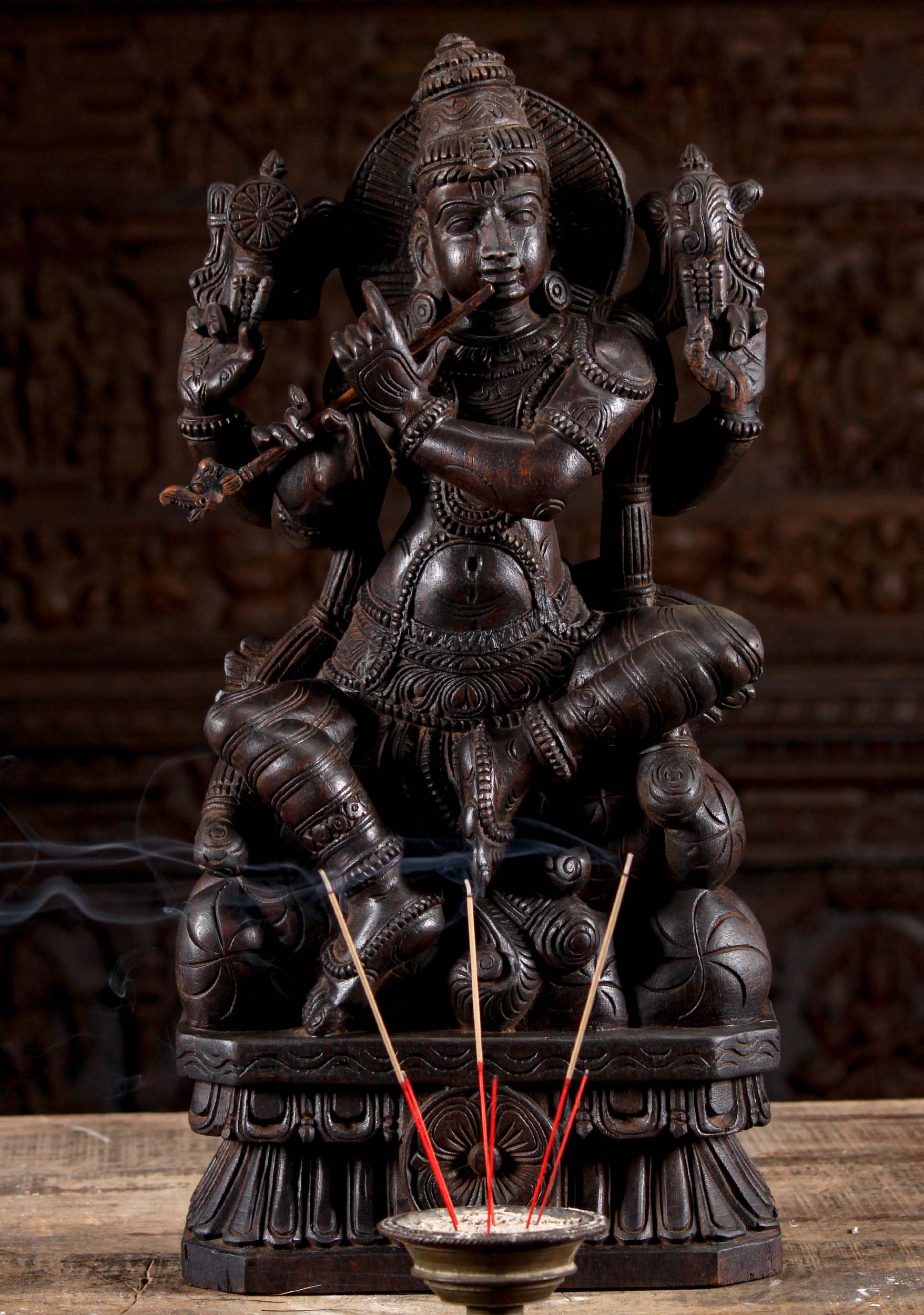 Wooden Seated Krishna Playing the Flute 24"