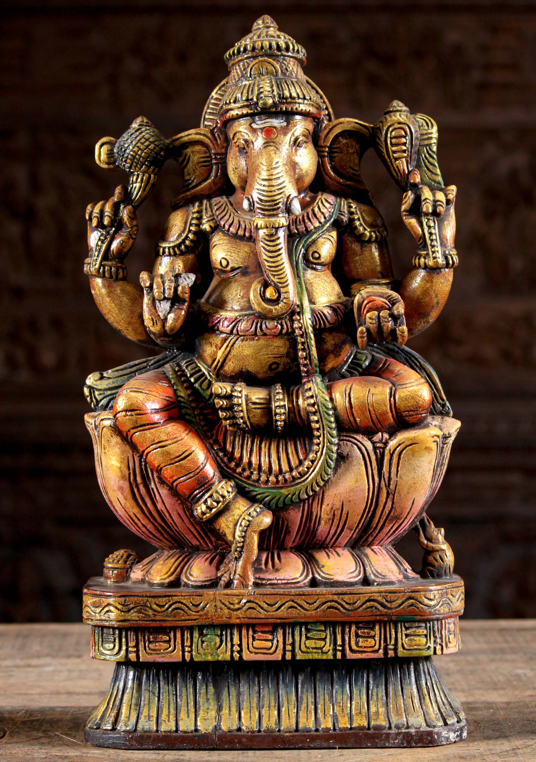 Neem Wood Painted Ganesh Sculpture 18"