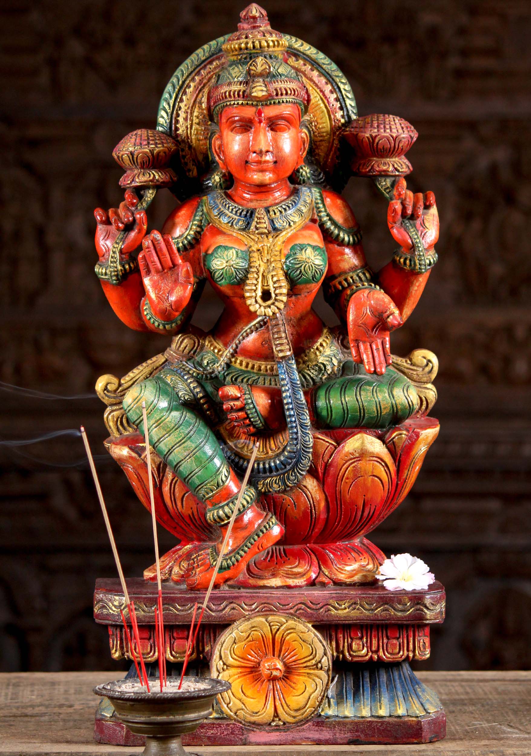 Painted Wooden Abhaya Mudra Lakshmi Sculpture 24"