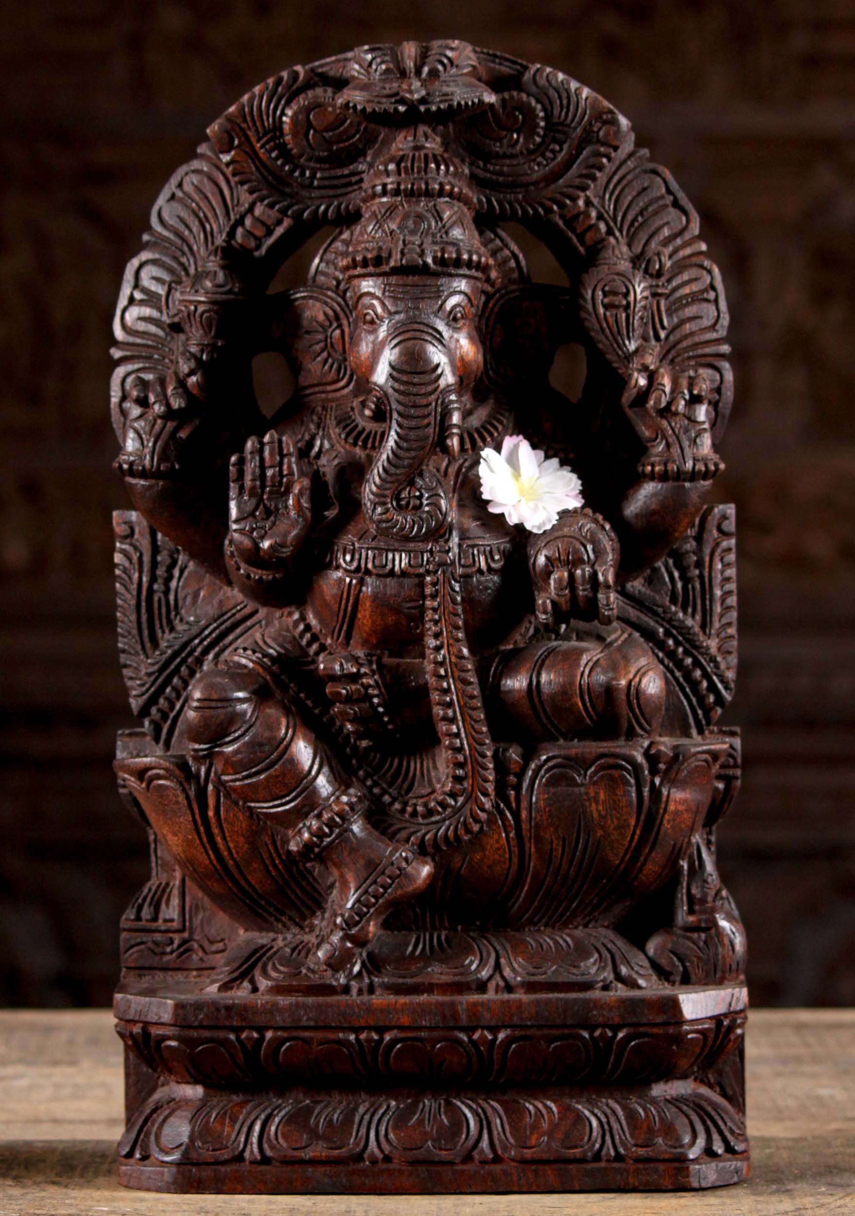 Wooden Ganesh Under Arch with Rat Statue 18"