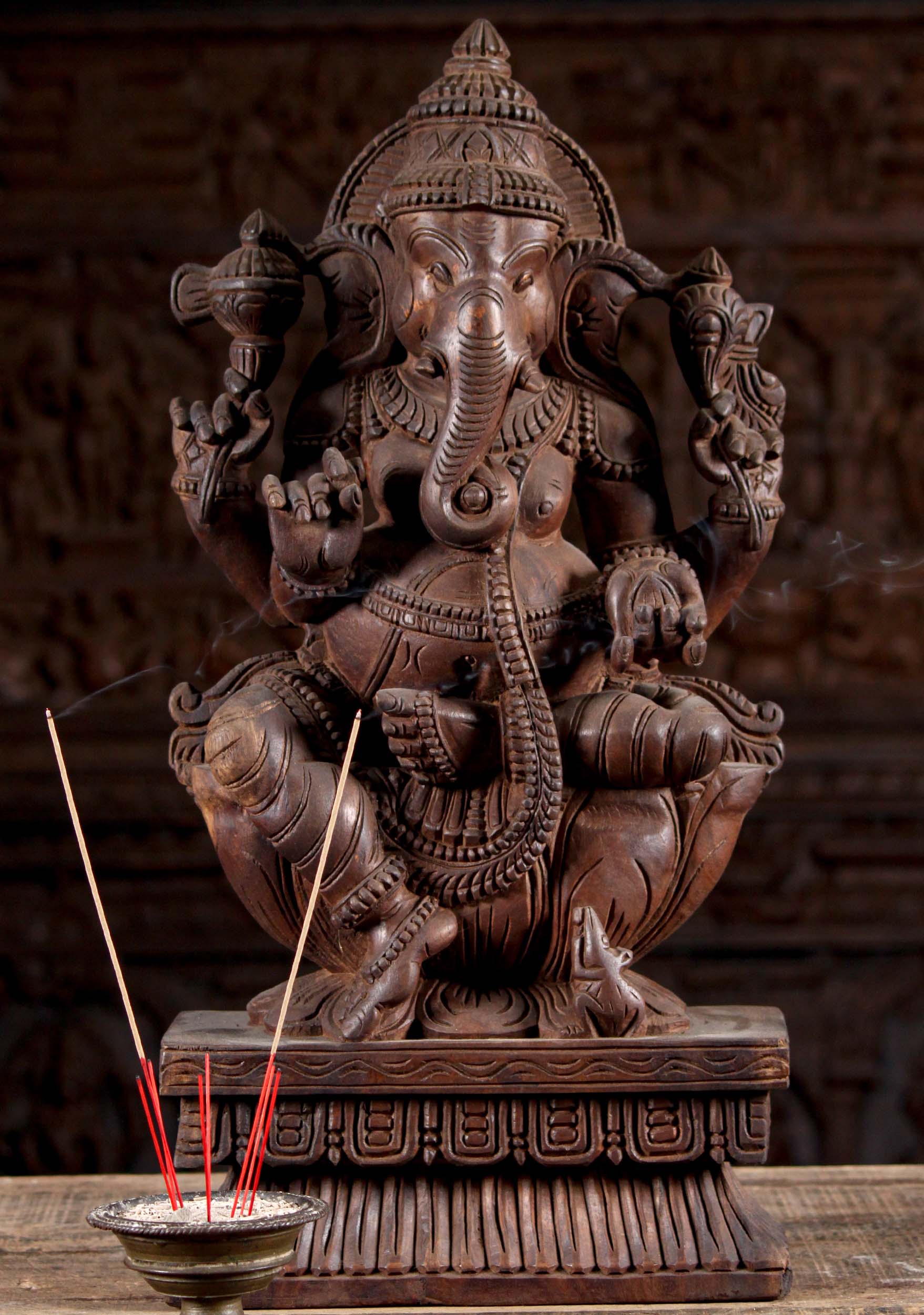 Wood Ganesh with Mango Statue 24"