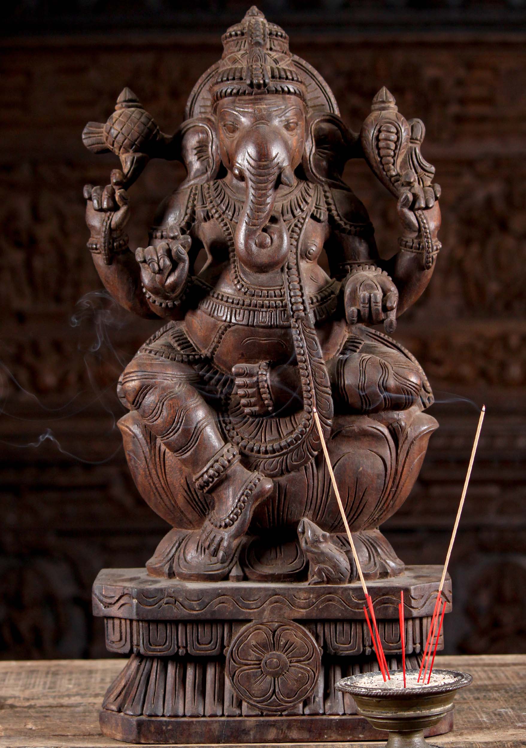 Wood Seated Ganesha Holding Mango Statue 24"