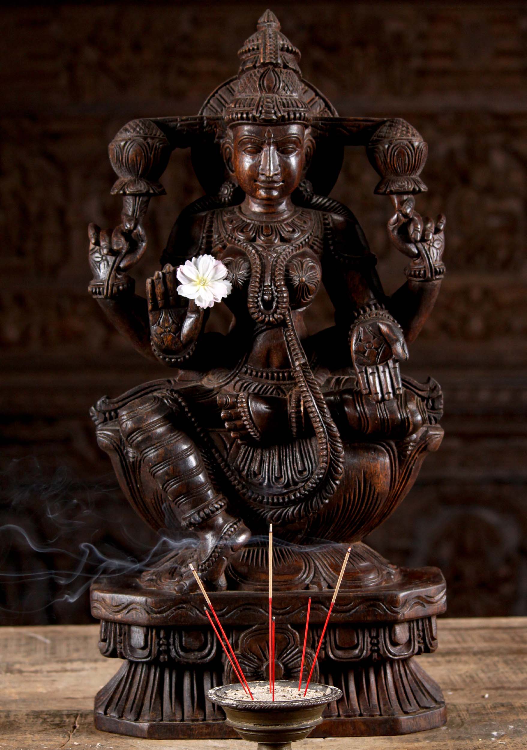 Wood Seated Abhaya Mudra Lakshmi Statue 24"