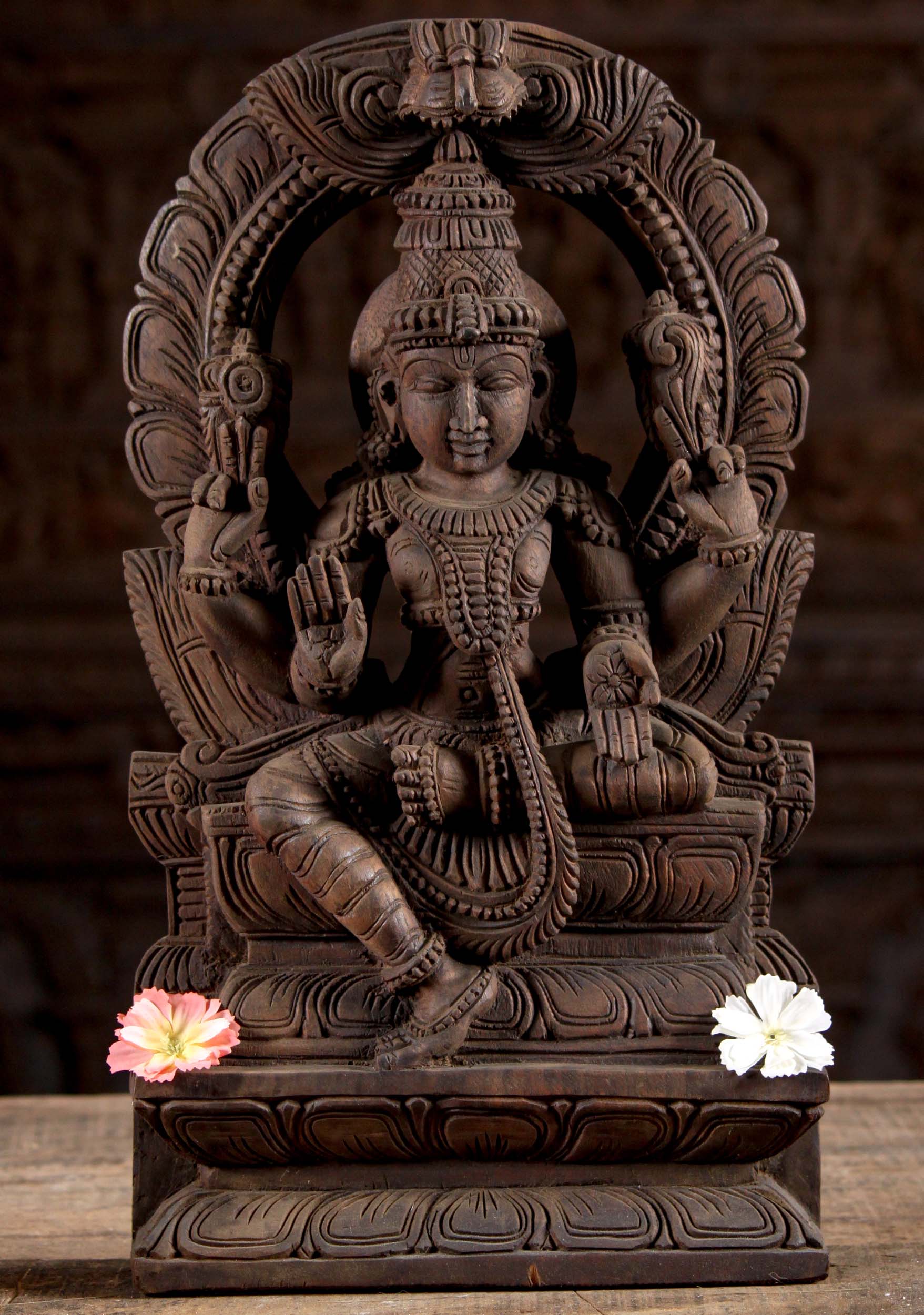 Wooden Vishnu Seated Under Mahakala Arch in Abhaya Mudra Double Lotus Base Sculpture  18"