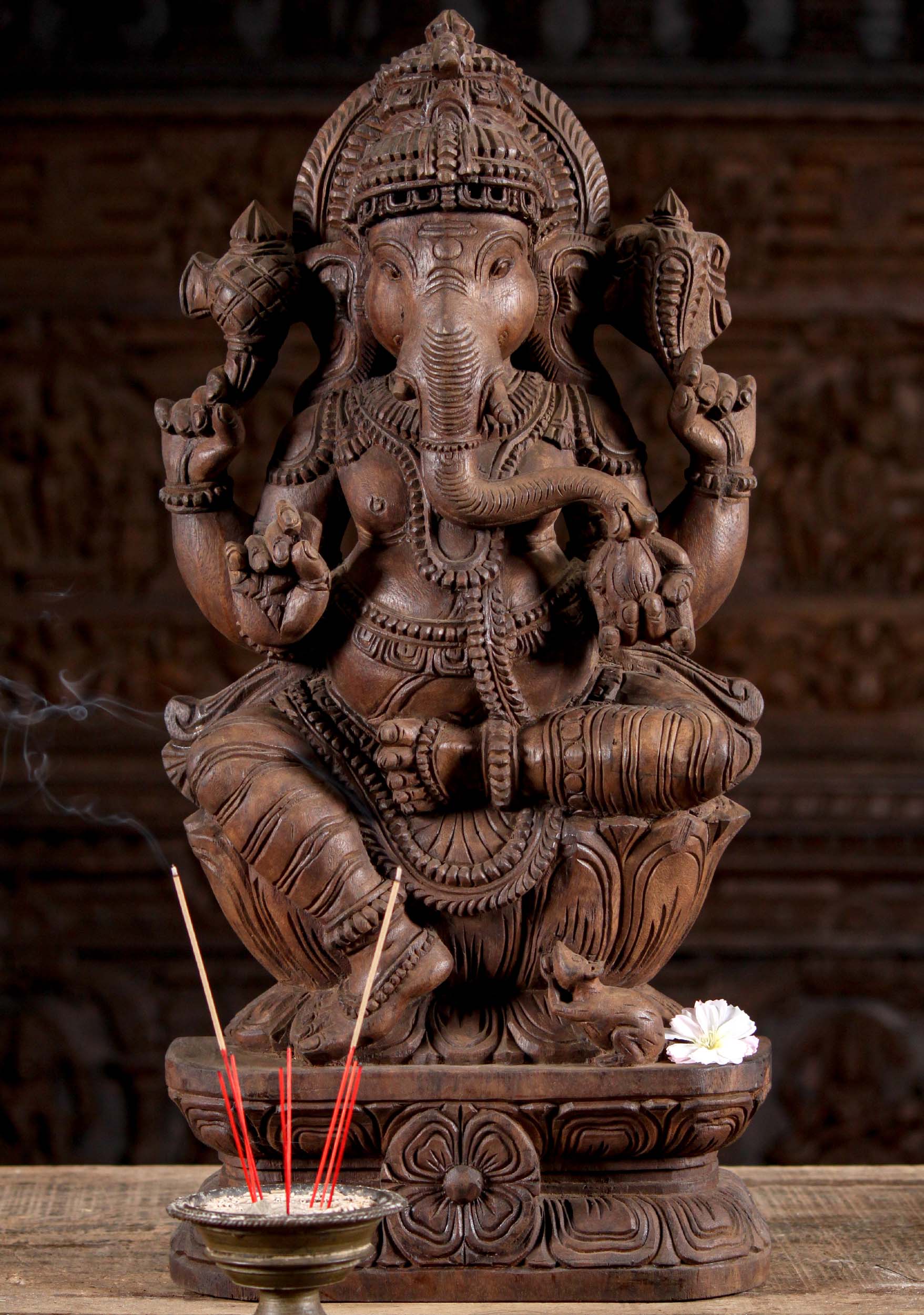 Wooden Seated Ganesha Holding Mango Statue 24"