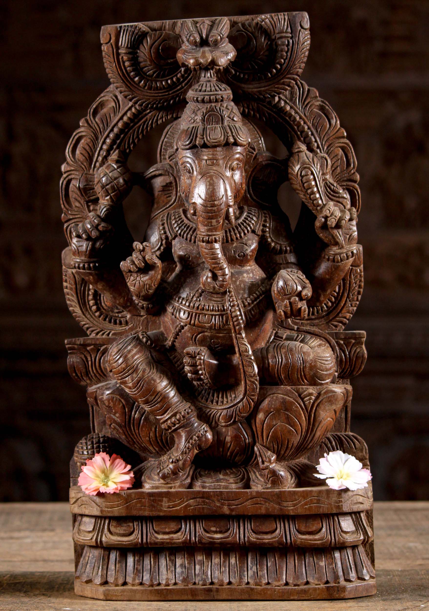 Wood Ganesh Seated Under Arch with Tusk 18"