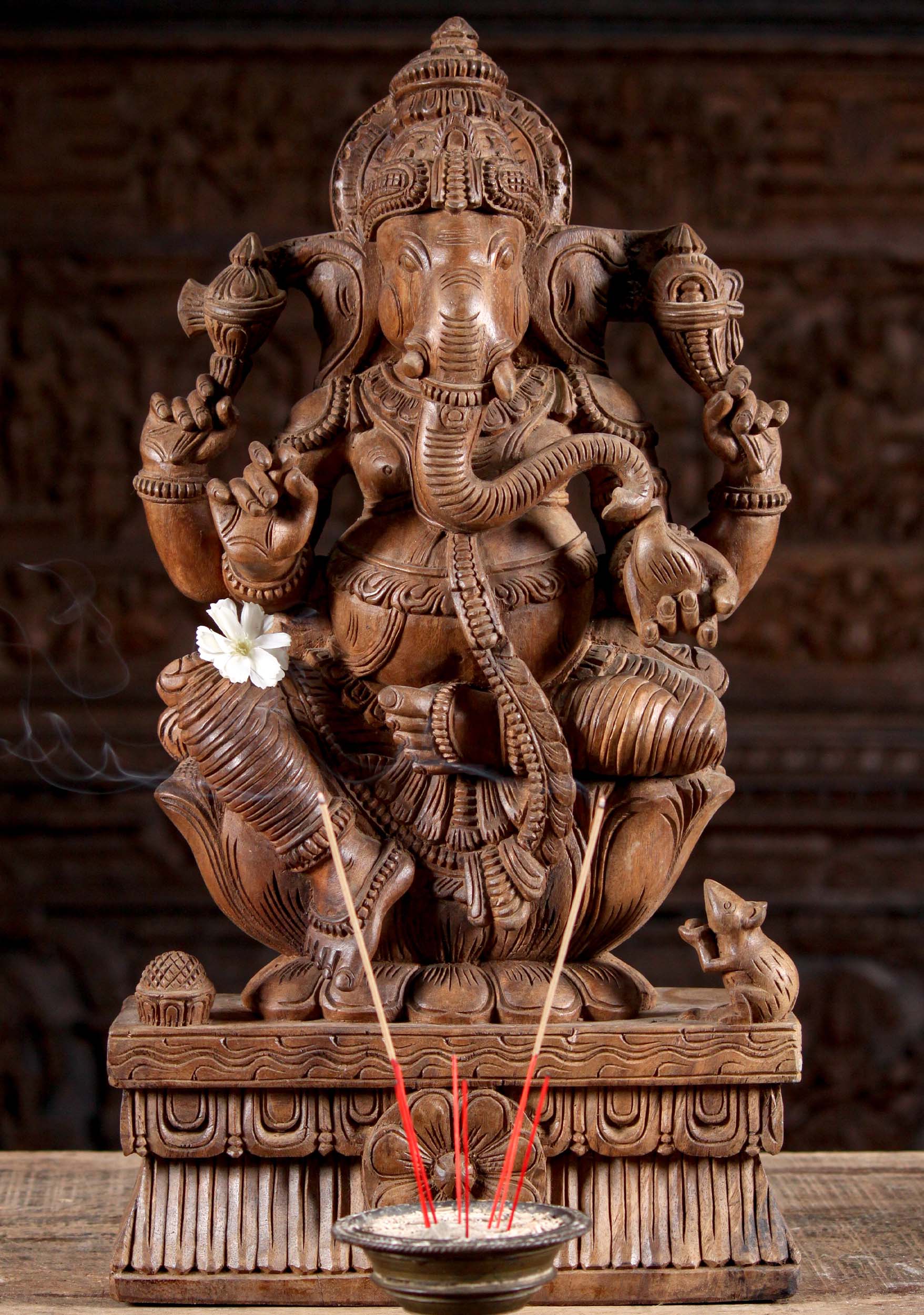 Wood Seated Ganesh Statue with Small Rat 24"