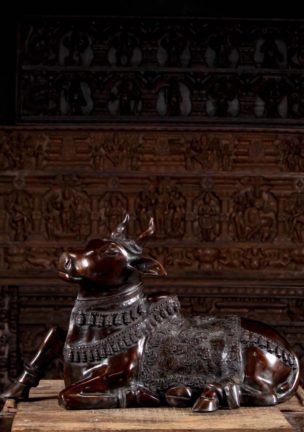 Brass Sculpture of Shiva's Vahana or Vehicle, the Sacred Bull, Nandi Laying in Majestic Pose 33"