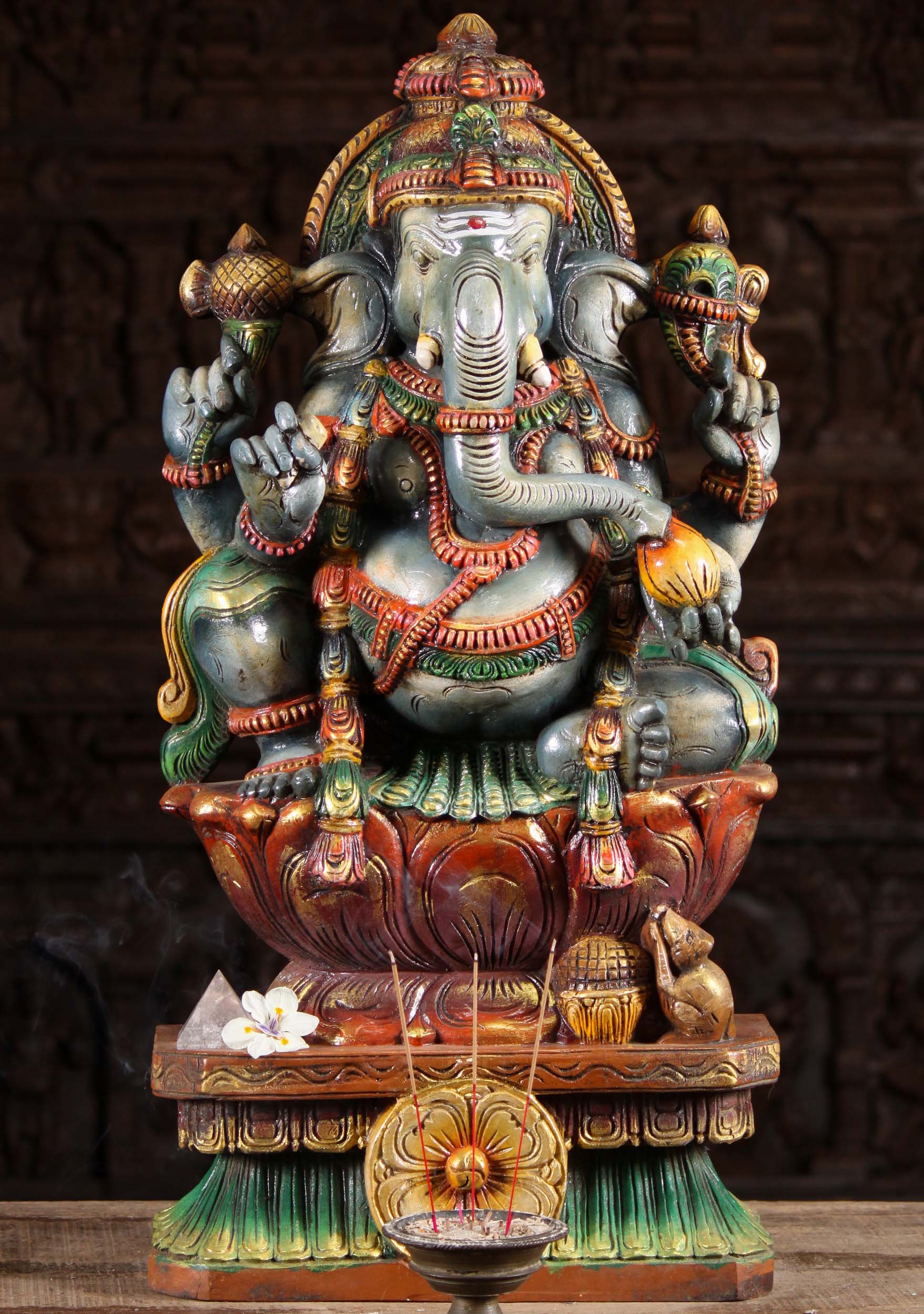 Painted Wooden Ganesh Perched on Lotus Base 30"