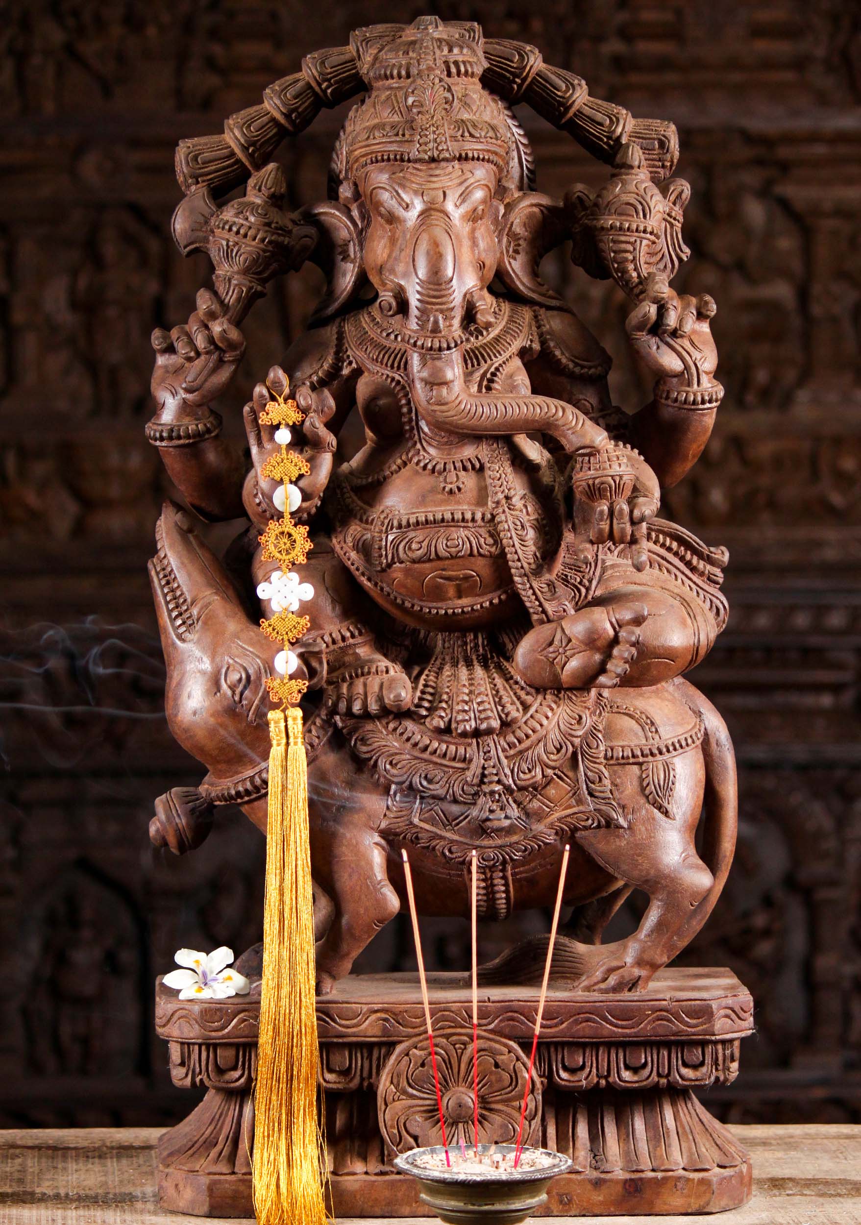 Light Wooden Ganesha Seated on Rat 30"