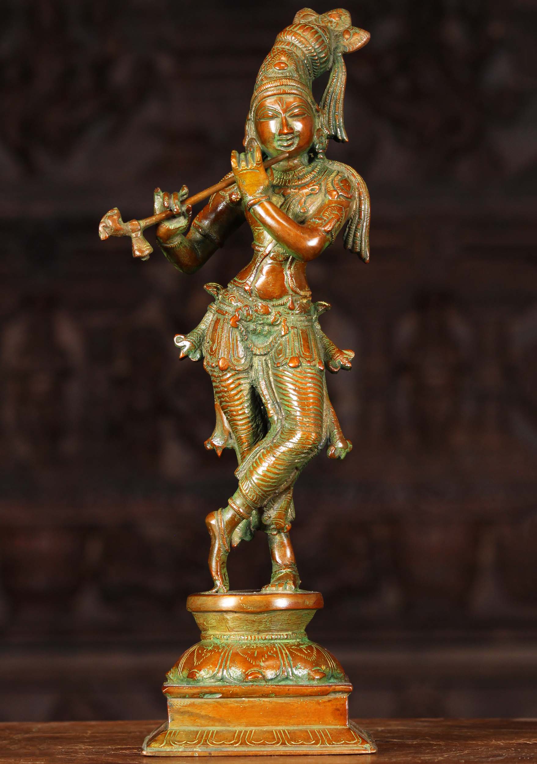 Brass Gopal Krishna Statue Playing the Flute with Peacock Feathers in His Headdress 15"