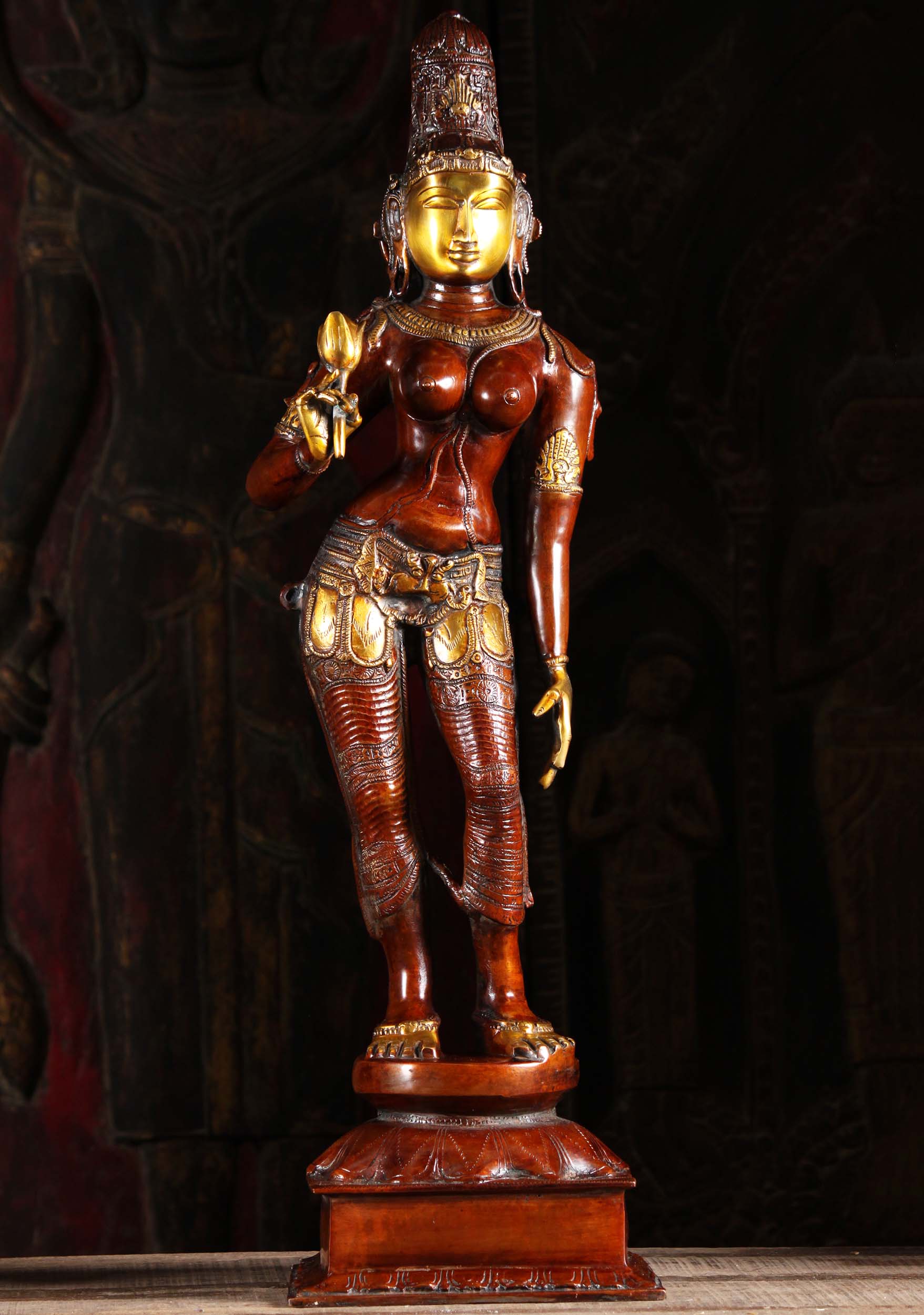 Brass Beautiful Parvati Statue Holding Lotus Flower a Symbol of Beauty, Prosperity, Fertility 2