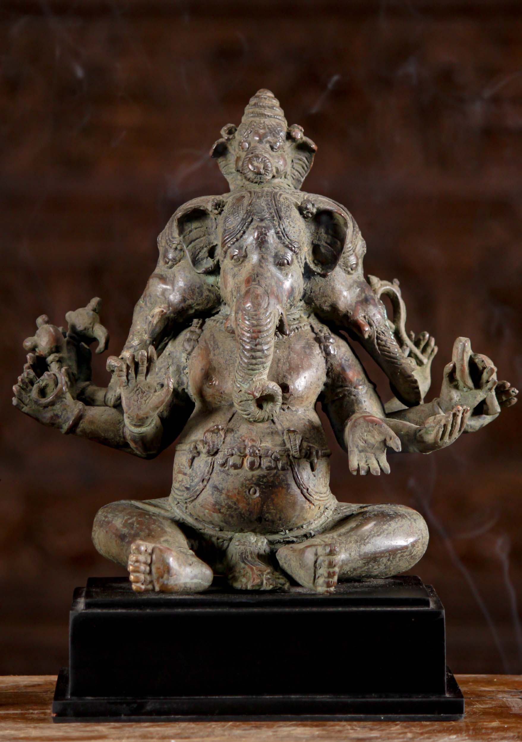 Balinese Brass Hindu Sculpture Panchamuhkti 5 Faced Seated Ganesh Statue on Black Wooden Base 1