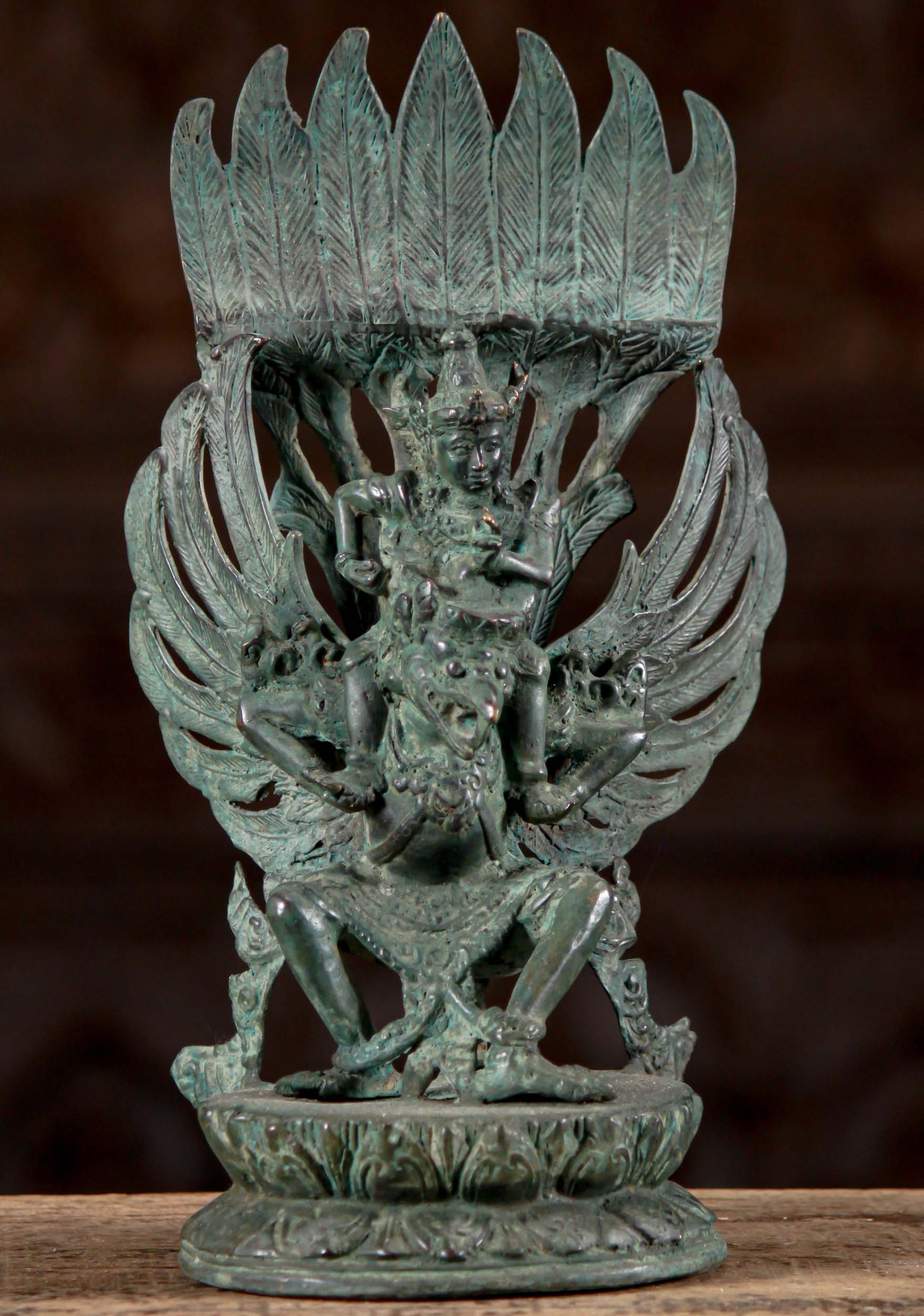 Brass Indonesian Statue of Vishnu Riding on the Shoulders of His Vehicle the Eagle Garuda 12"