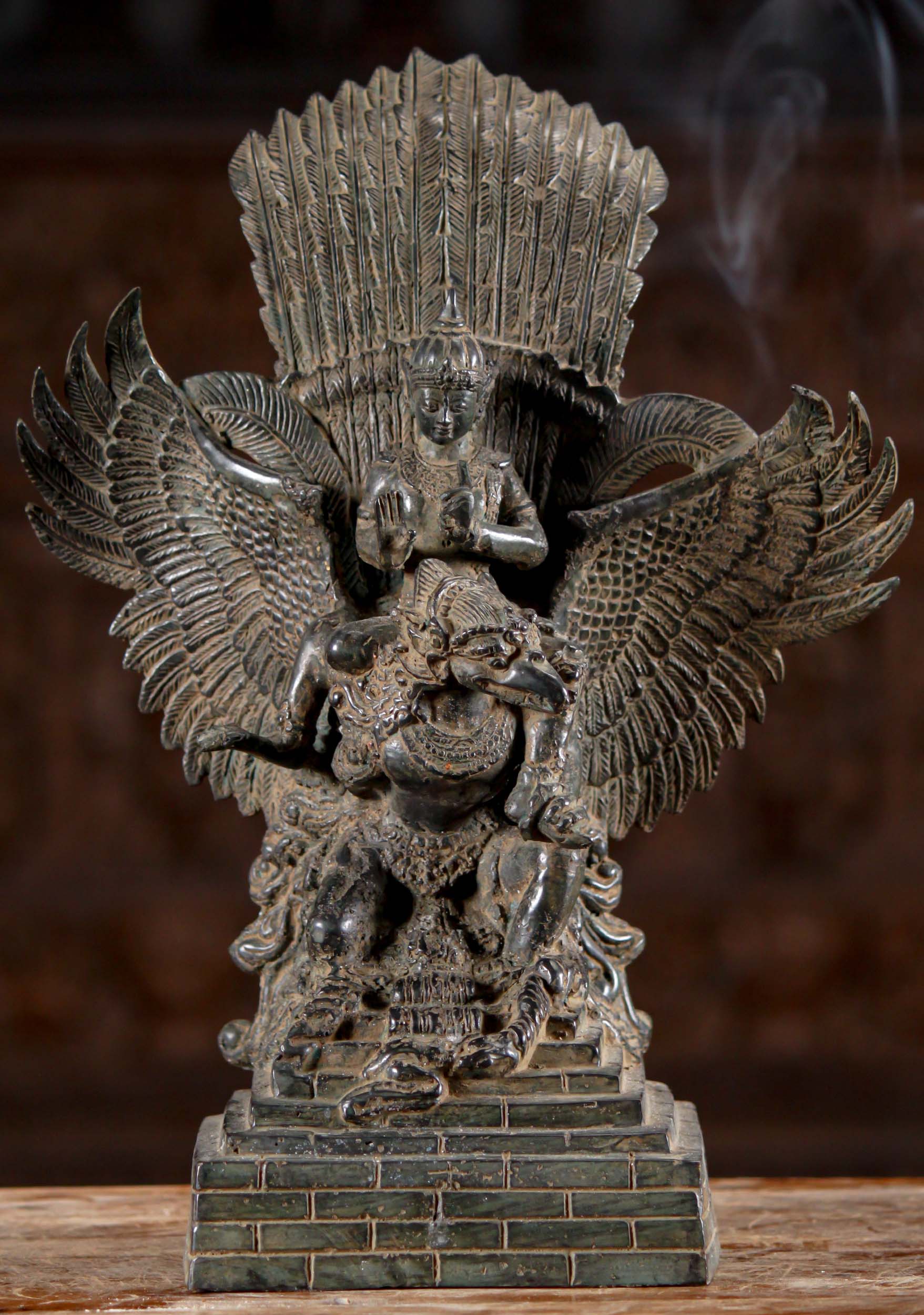 Indonesian Brass Statue of Vishnu Riding on the Shoulders of His Vehicle the Eagle Garuda 14"