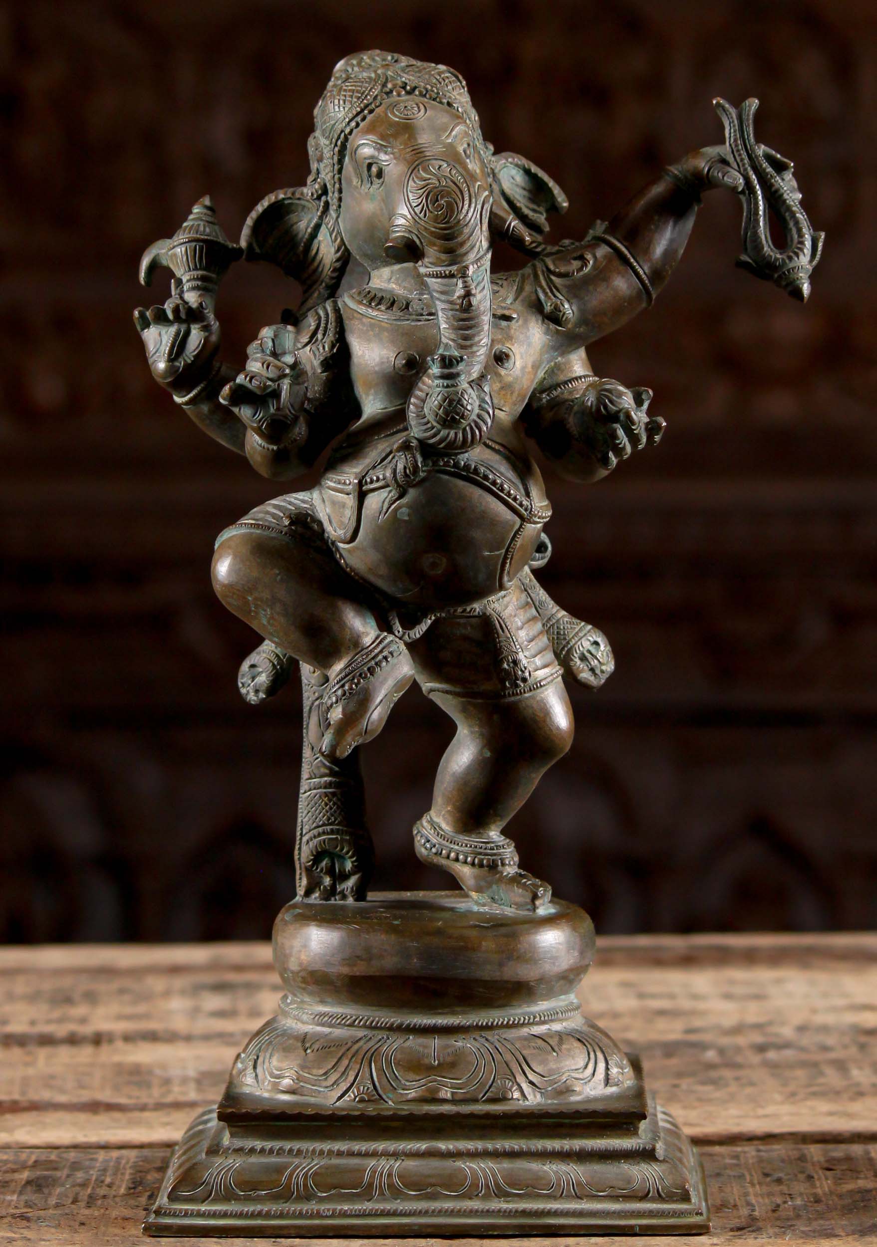 Hand Made Bronze Hindu God Ganesha Statue with 4 Arms Dancing on Lotus Base 15"