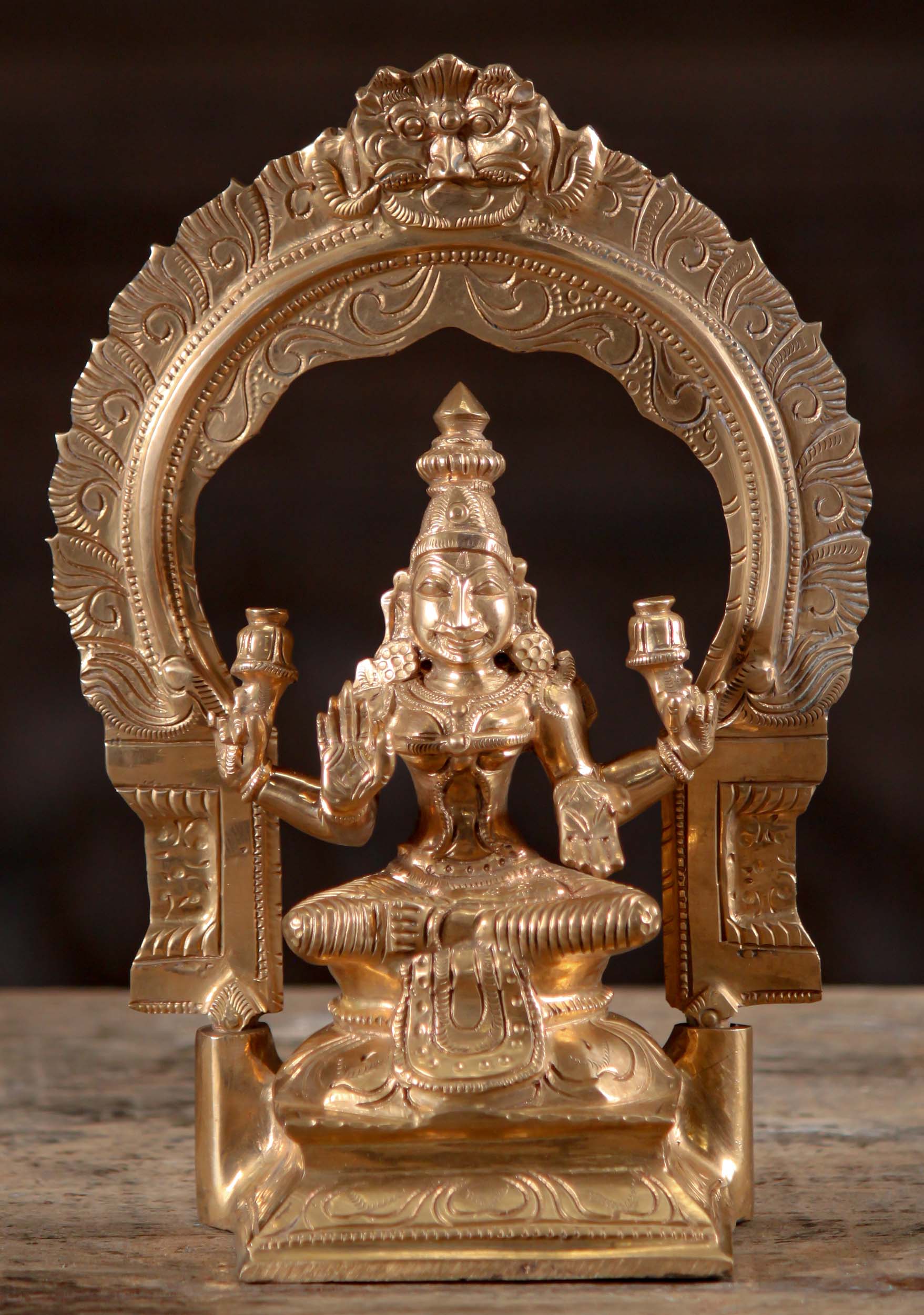 Polished Bronze Seated Lakshmi Statue Under Arch with Lotus Flowers Hindu Goddess 10"